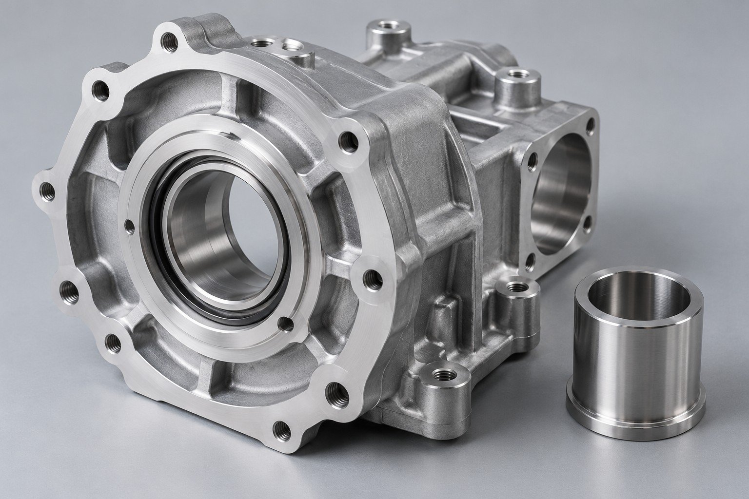 Prototype aluminum housing bearing bore and mounting bosses; illustrative component concept, not an actual customer part or measured result