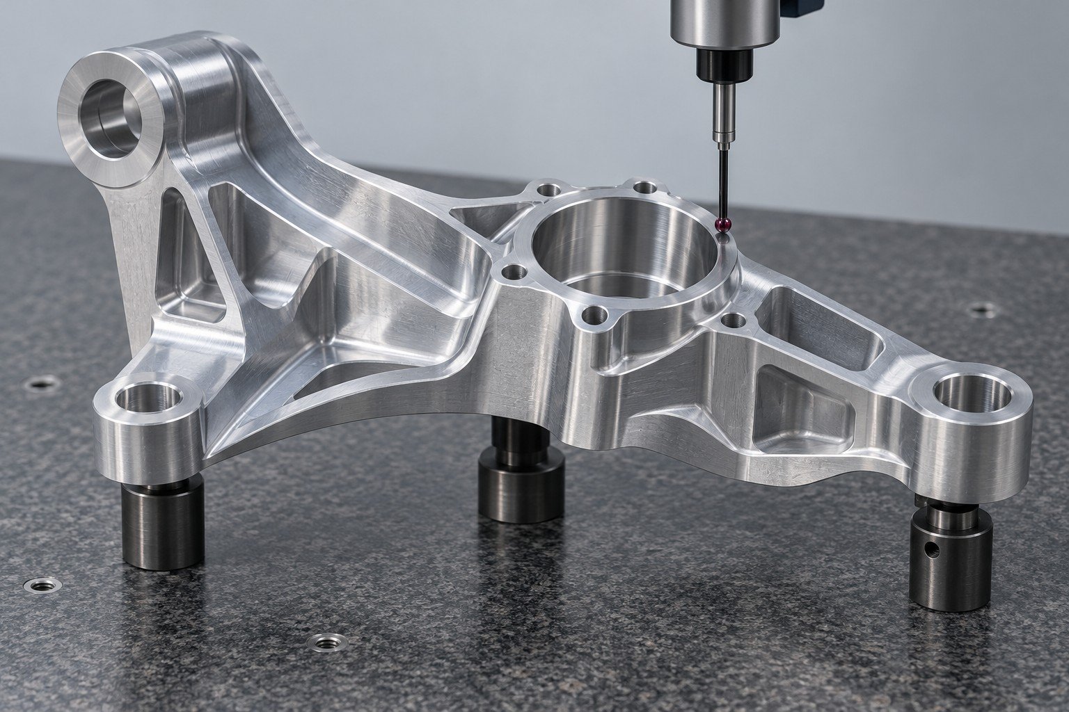 CMM probe reviewing an aluminum mounting bracket; illustrative component concept, not an actual customer part or measured result