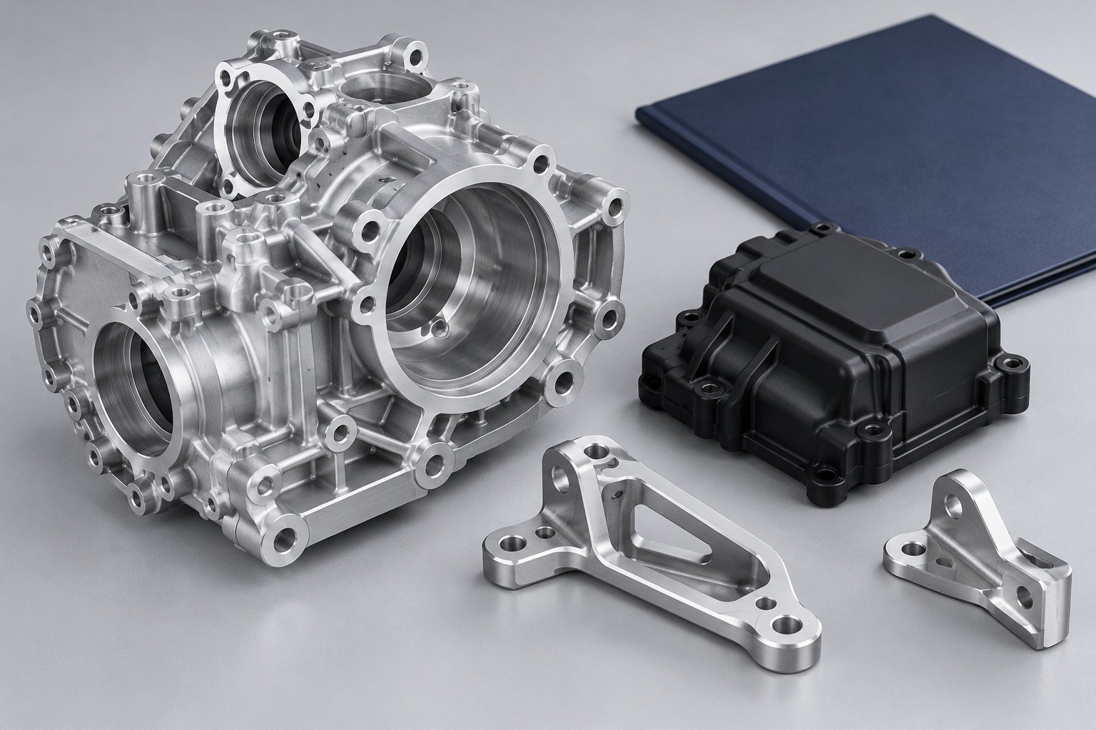 Prototype housing, ABS cover and brackets beside plain folder; illustrative component concept, not an actual customer part or measured result