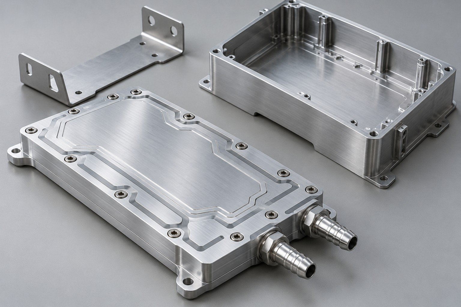 Isolated liquid cold plate, bracket and empty electronics housing; illustrative component concept, not an actual customer part or measured result