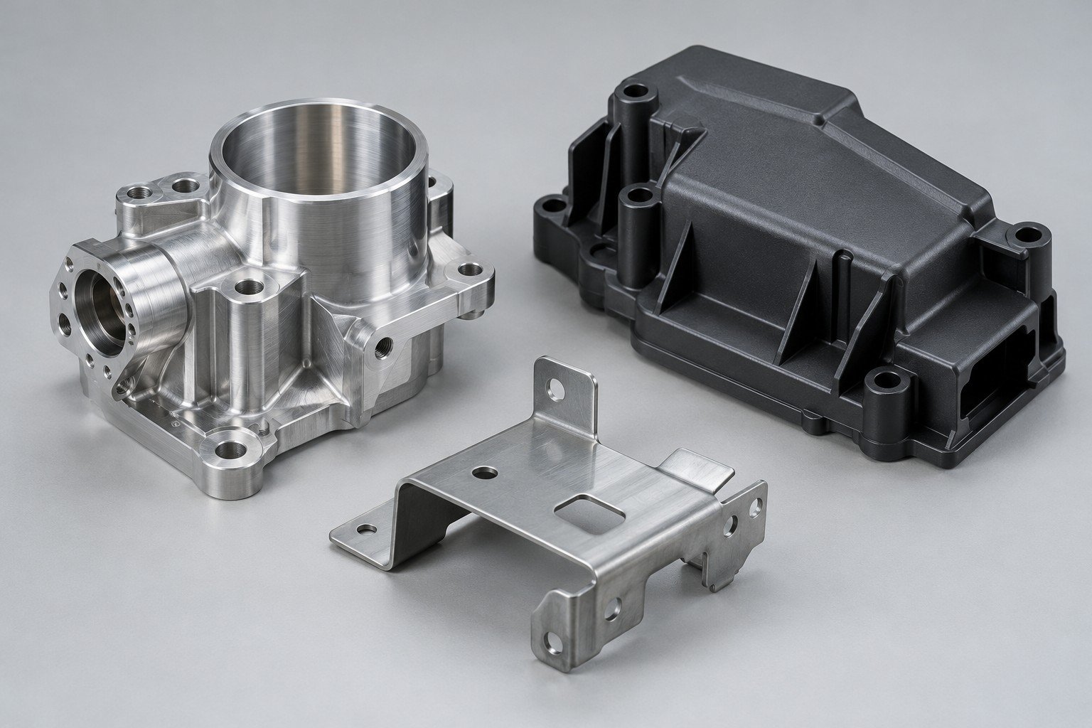 Machined aluminum sensor housing, formed bracket and ABS cover; illustrative component concept, not an actual customer part or measured result