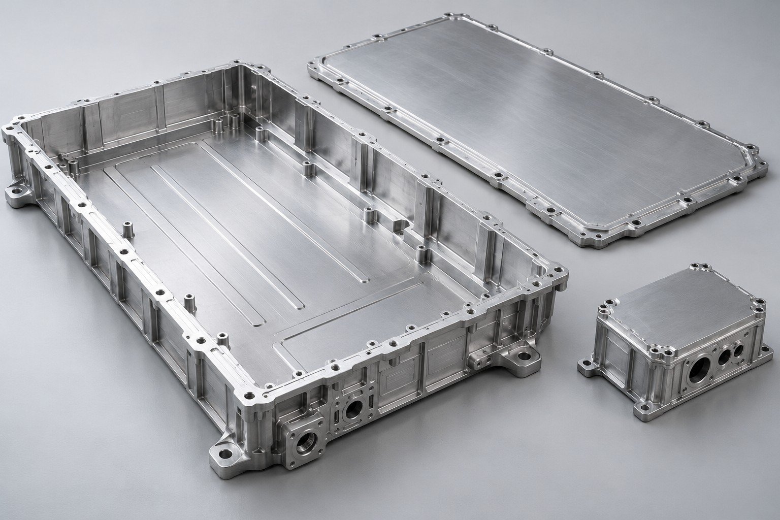 Empty aluminum battery enclosure tray, lid and smaller housing; illustrative component concept, not an actual customer part or measured result