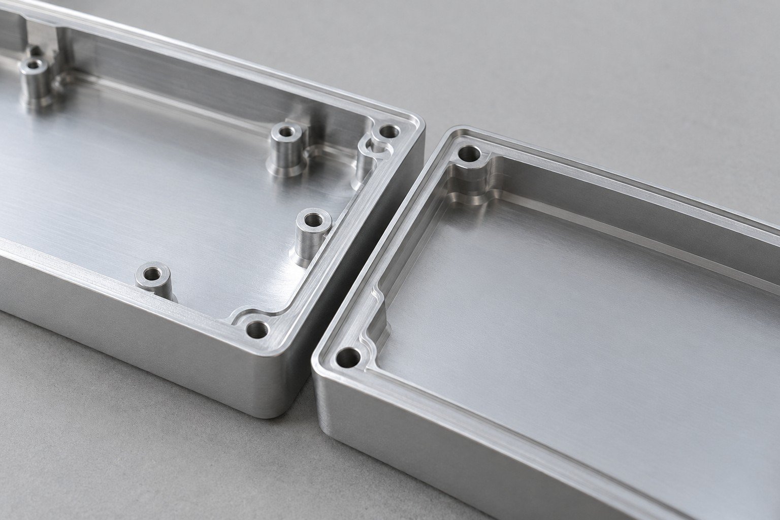 Two unassembled enclosure halves showing parallel mating lips;illustrative component concept,not actual company/customer product or finished-fit measurement/test evidence