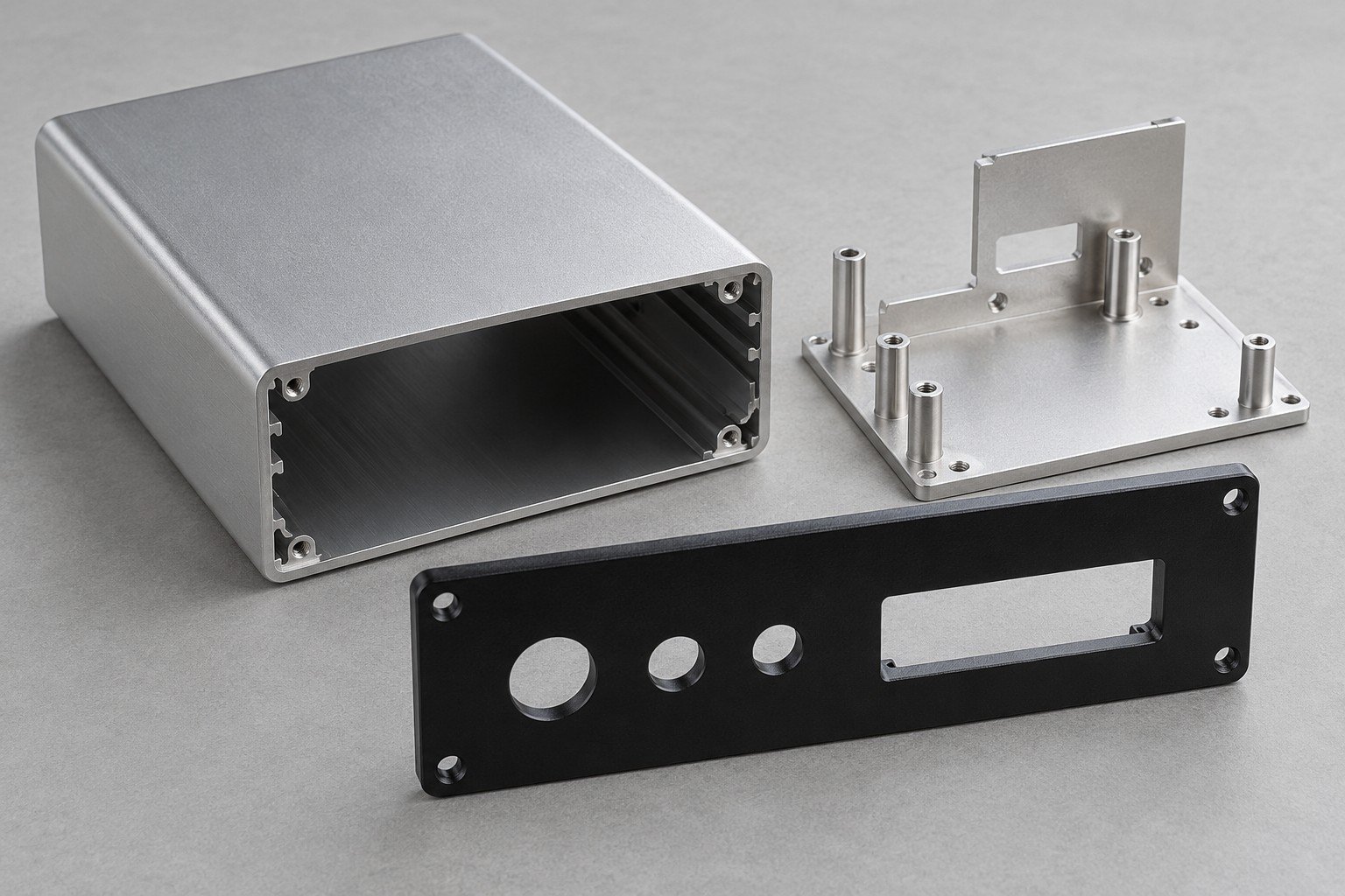 Separate outer aluminum housing, black front panel and internal mounting support;illustrative component concept,not actual company/customer product or finished-fit measurement/test evidence