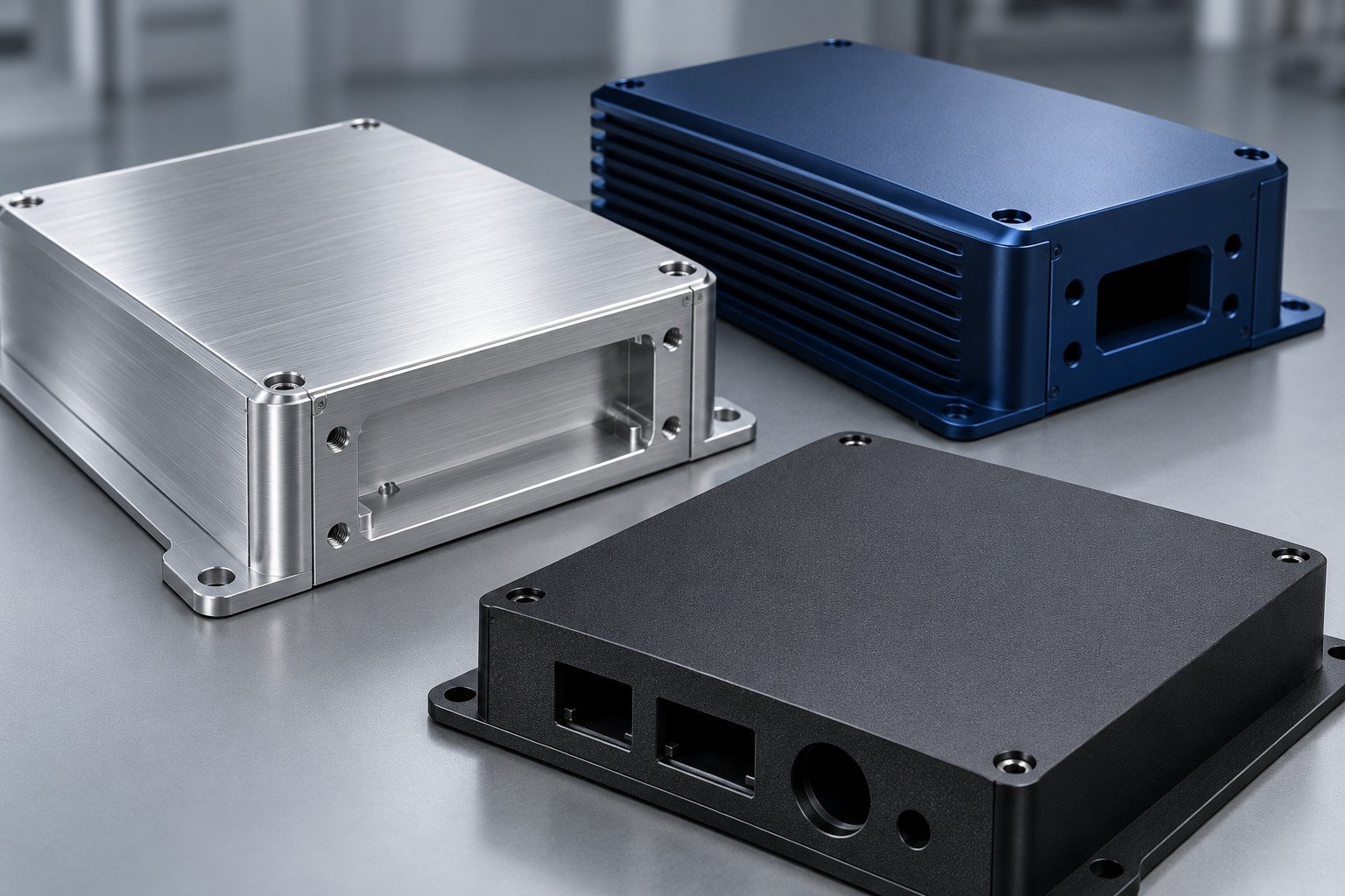 Three different electronics housing finish samples in silver,dark blue and black;illustrative component concept,not a customer part or documentary company test