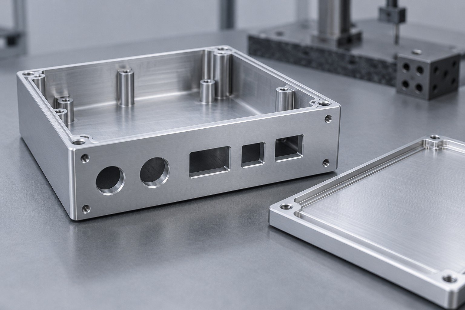 Silver electronics housing with round bores,connector cutouts,a locating lip and a separate lid;illustrative component concept,not a customer part or documentary company test