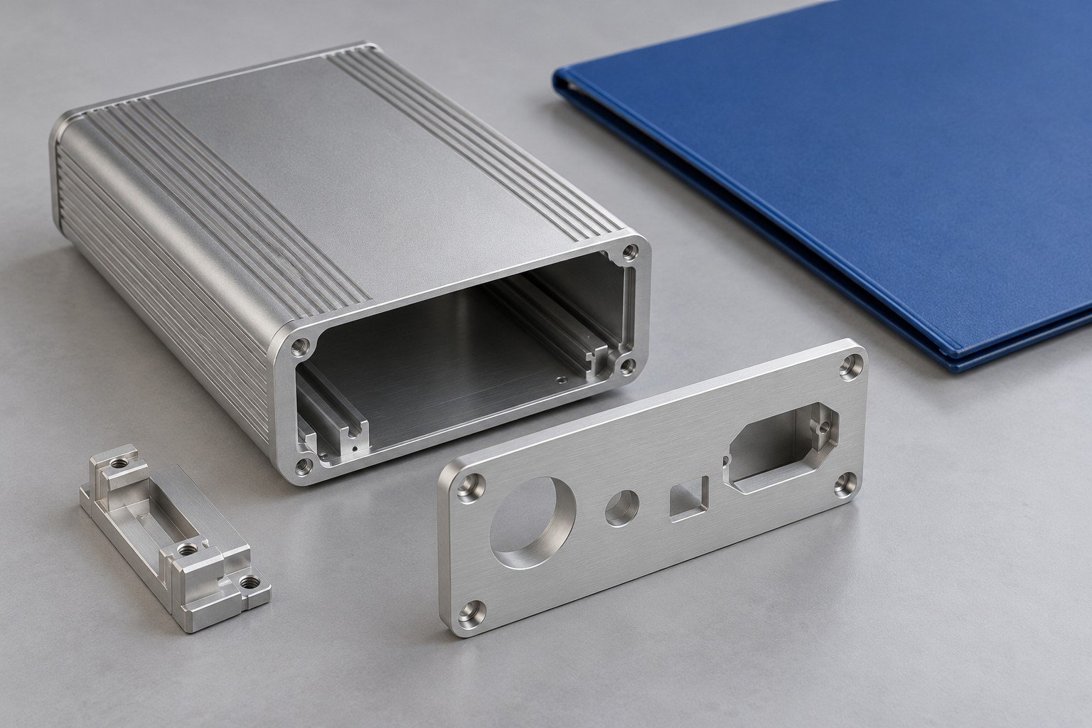 Portable housing body, connector panel and mounting insert beside plain folder;illustrative component concept,not actual company/customer product or finished-fit measurement/test evidence