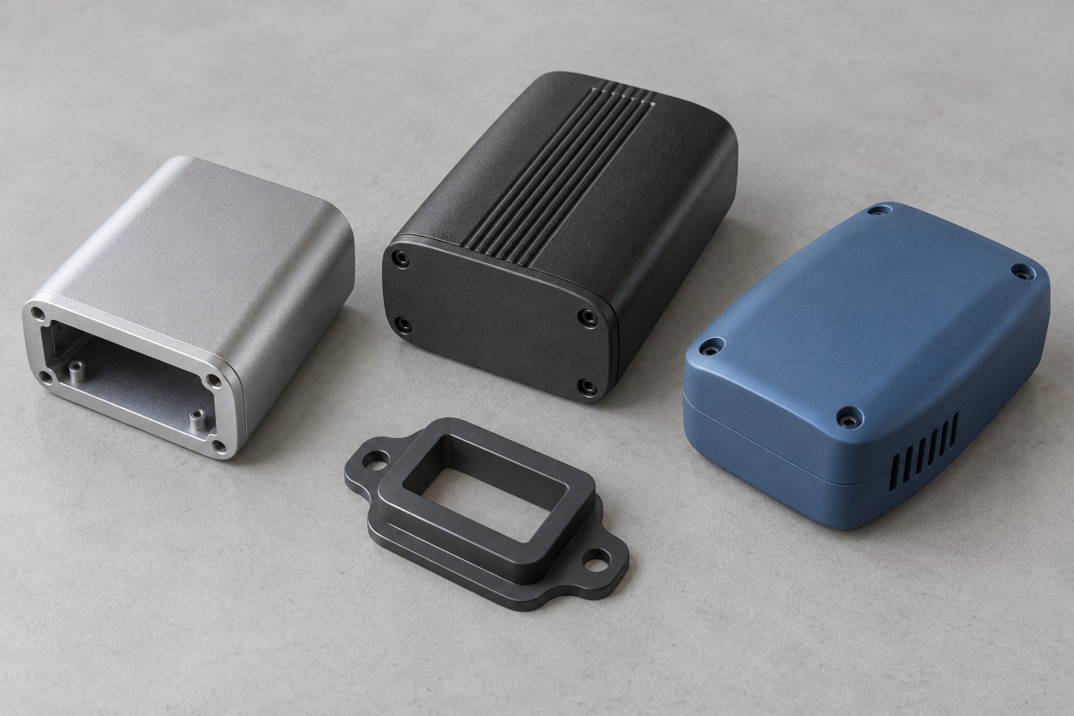 Silver, charcoal and muted-blue electronics covers beside mounting spacer;illustrative component concept,not actual company/customer product or finished-fit measurement/test evidence