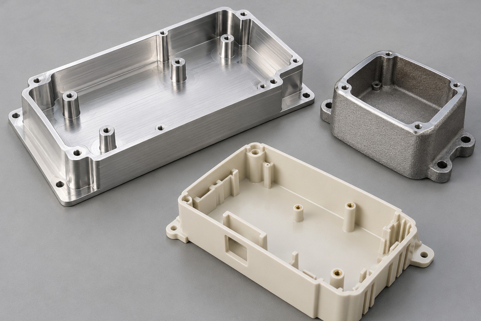Milled aluminum tray, cast-texture shell and off-white polymer housing;illustrative component concept,not actual company/customer product or finished-fit measurement/test evidence