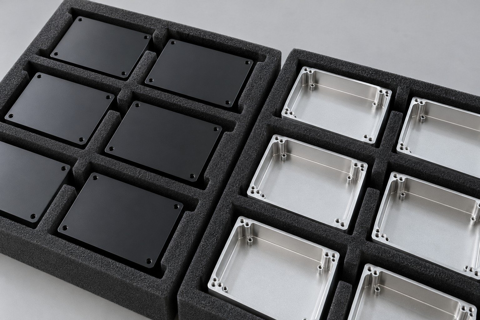 Black panels and silver bases separated in protective foam;illustrative component concept,not actual company/customer product or finished-fit measurement/test evidence