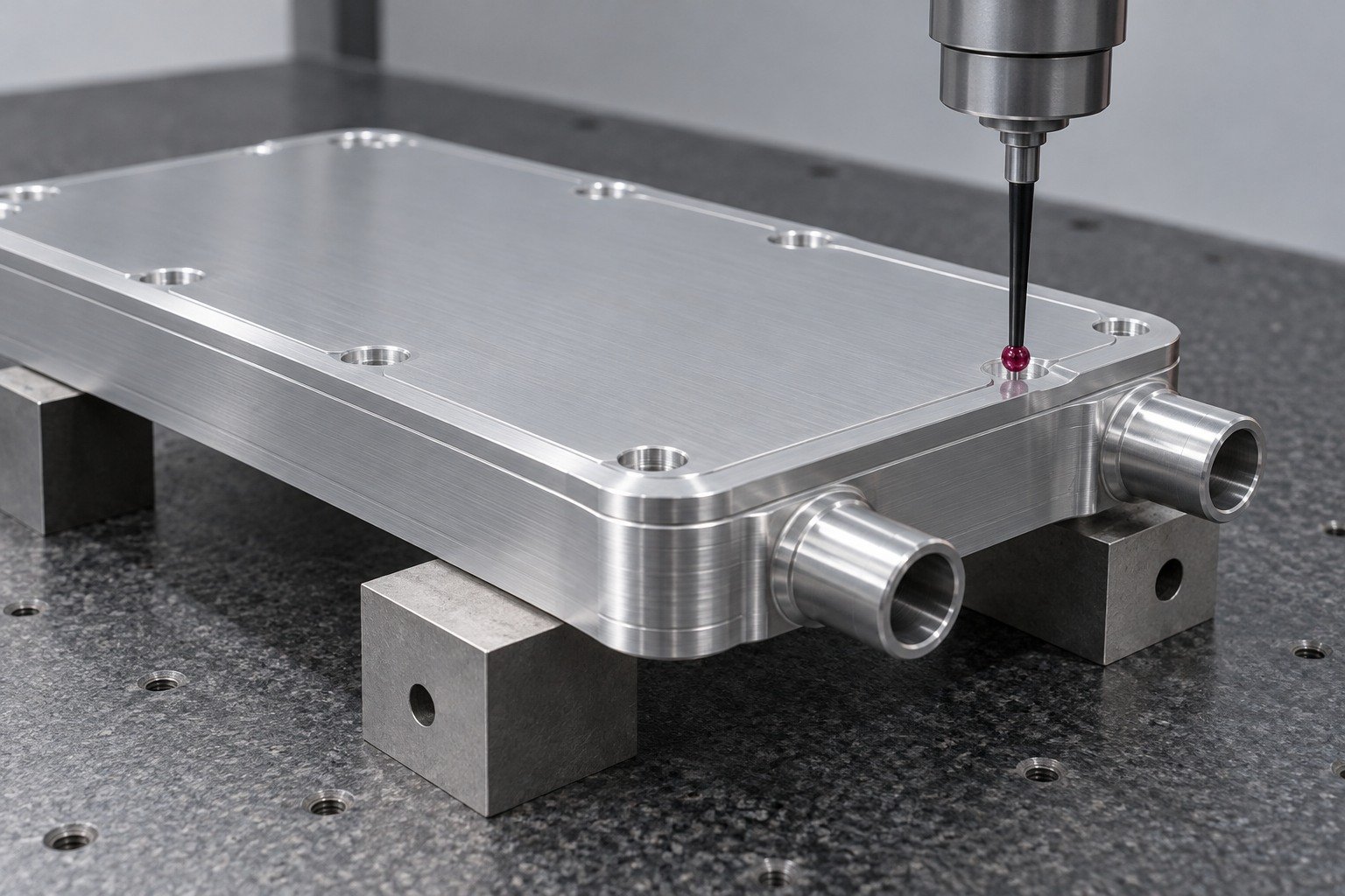 Illustrative industrial cold plate mounting datum dimensional inspection; component concept, not documentary company or customer photography