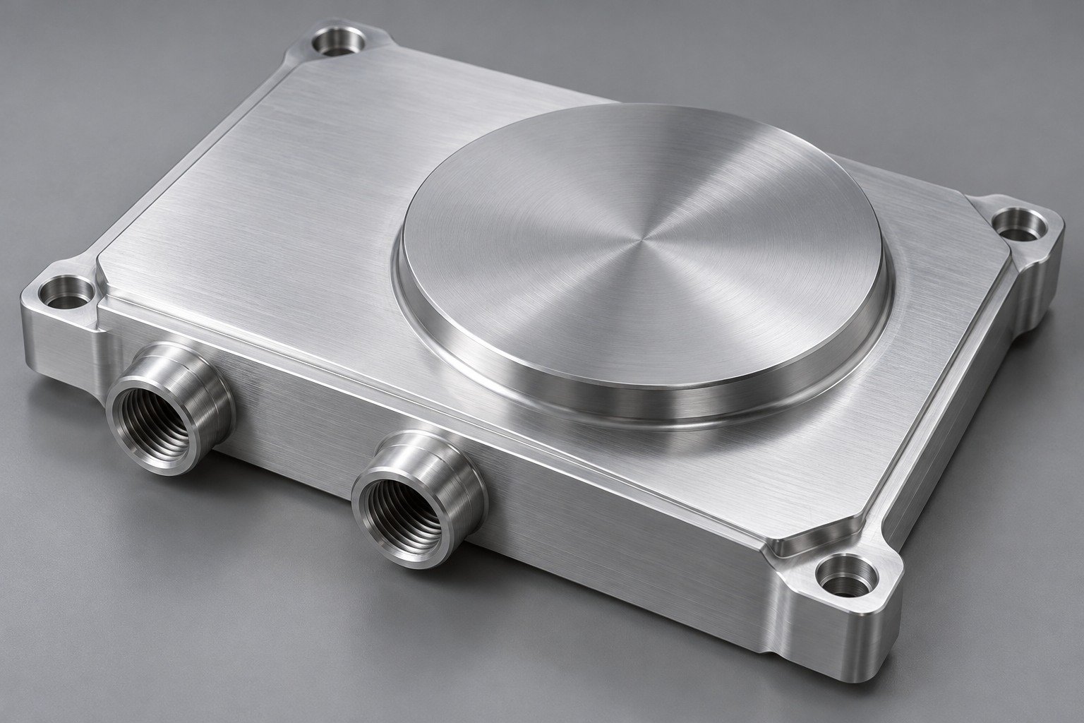 Illustrative aluminum industrial cold plate with raised circular contact mesa; page-specific component concept, not a customer part