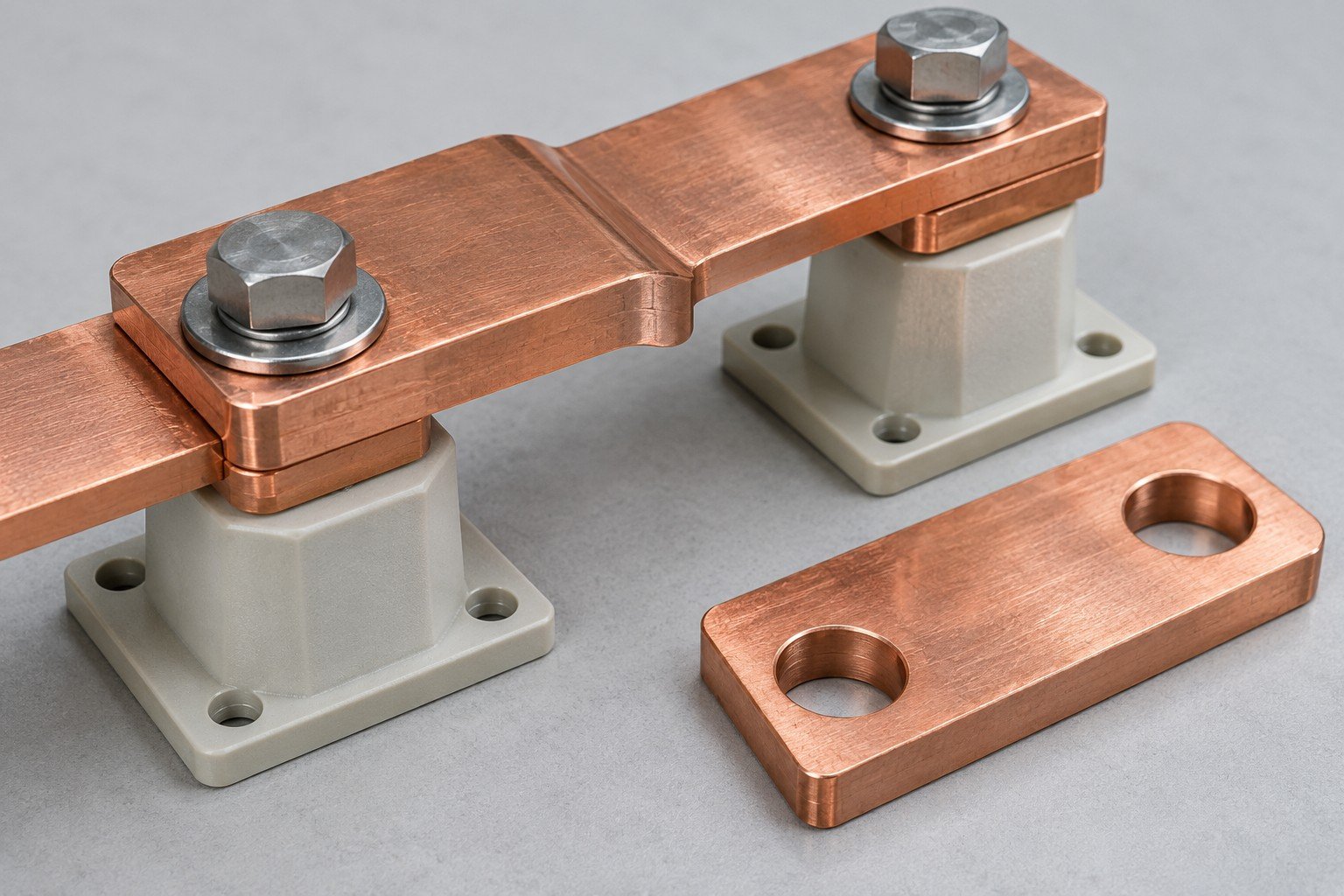 Bolted copper contact joint on insulating standoffs with detached terminal plate;illustrative component concept,not actual company/customer parts or a test record