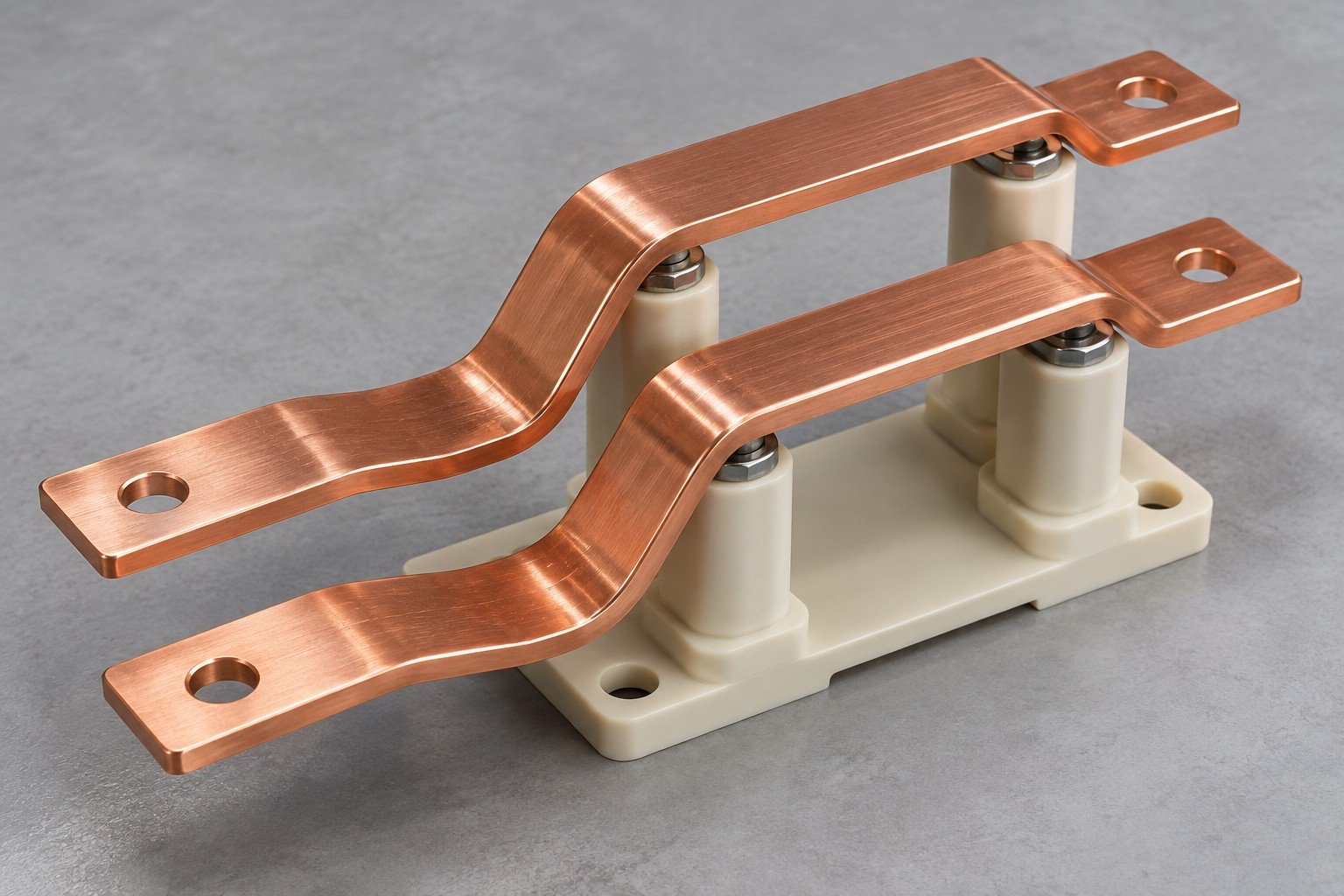 Bent copper busbar pair on polymer standoff supports;illustrative component concept,not actual company/customer parts or a test record