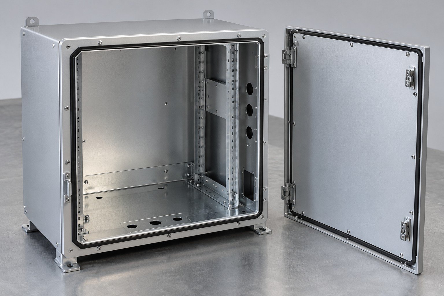 Empty metal energy storage enclosure with detached gasketed cover;illustrative component concept,not actual company/customer parts or a test record