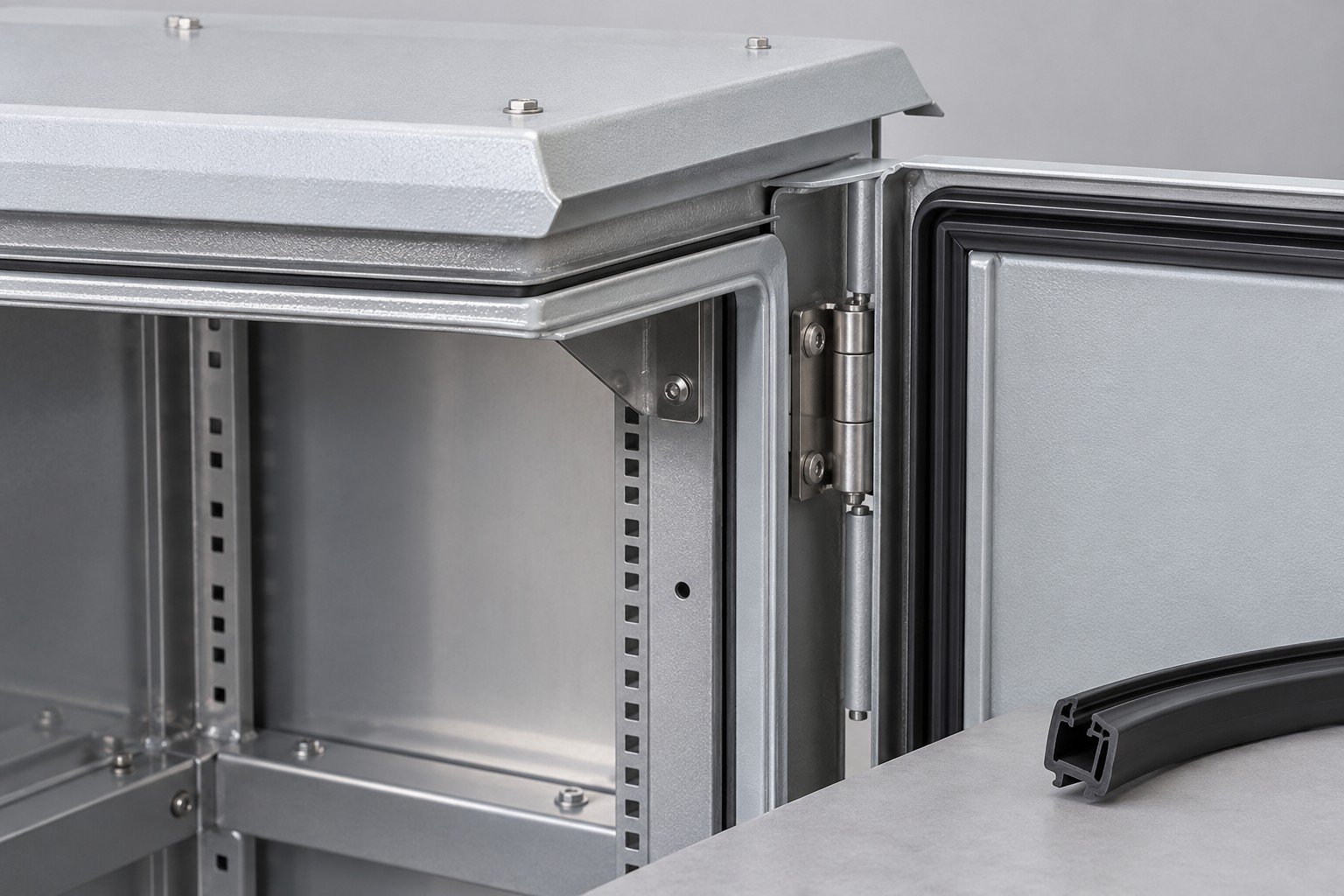 Enclosure corner showing rain lip, gasket channel and door edge;illustrative component concept,not actual company/customer parts or a test record