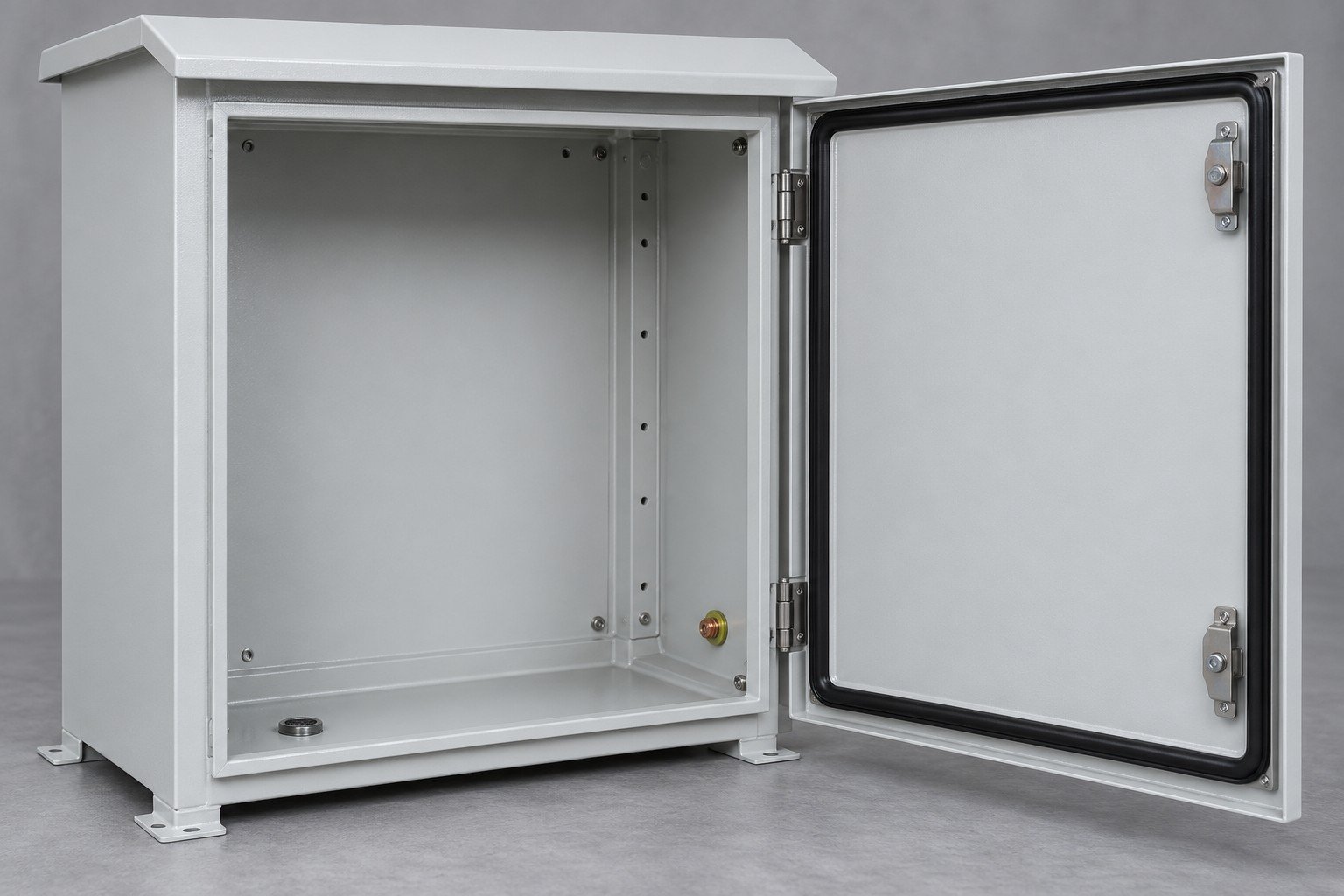 Empty coated enclosure showing gasket, rain overhang and contact area;illustrative concept,not an actual company part or enclosure rating