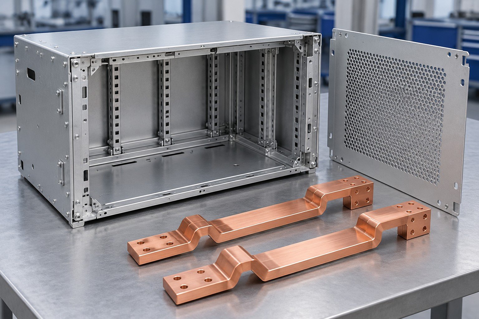 Empty fabricated storage cabinet module, separate perforated cover and two unconnected copper busbars; illustrative component concept, not documentary company/customer photography or a test record