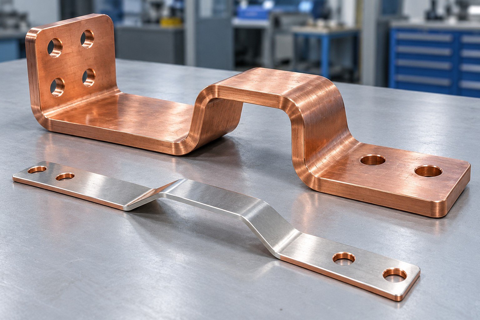 Separate bent copper busbar and thin plated connector strip with mounting holes; illustrative component concept, not documentary company/customer photography or a test record