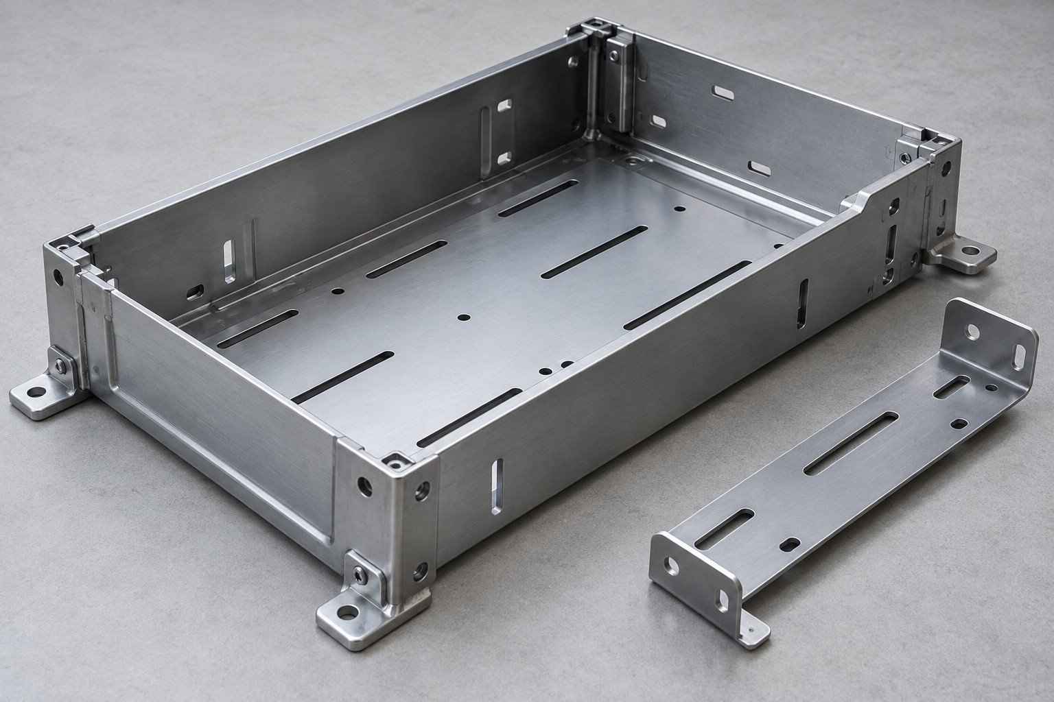 Empty tray with mounting feet and detached slotted bracket;illustrative component concept,not actual company/customer parts or a test record