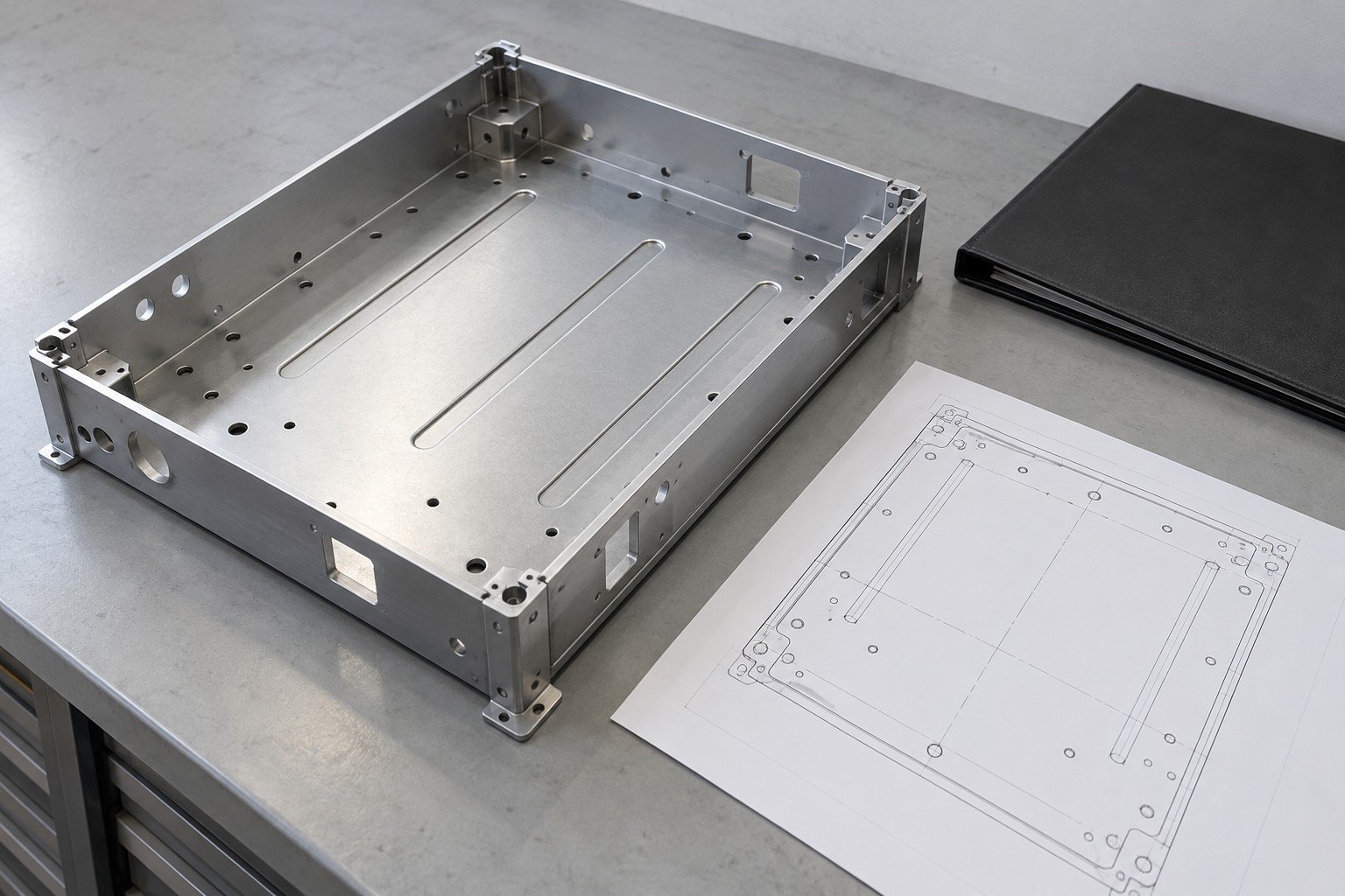 Empty chassis tray beside controlled-drawing concept and folder;illustrative component concept,not actual company/customer parts or a test record