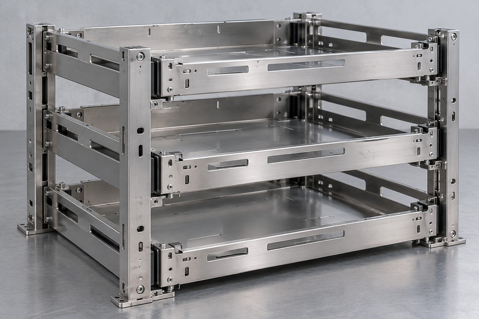 Empty three-tray energy storage support rack;illustrative component concept,not actual company/customer parts or a test record