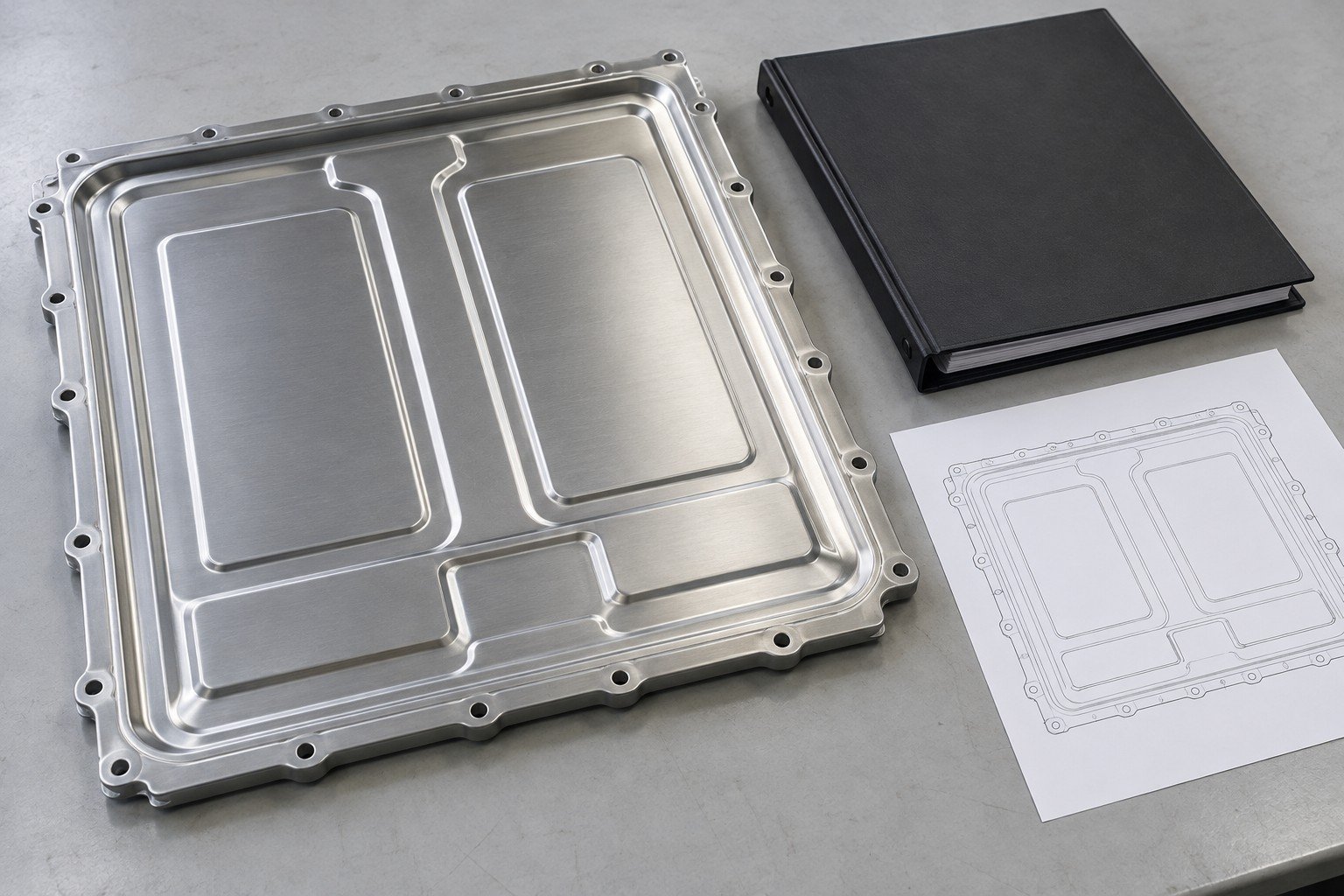 Empty formed cover beside drawing and closed inspection folder;illustrative component concept,not actual company/customer parts or a test record