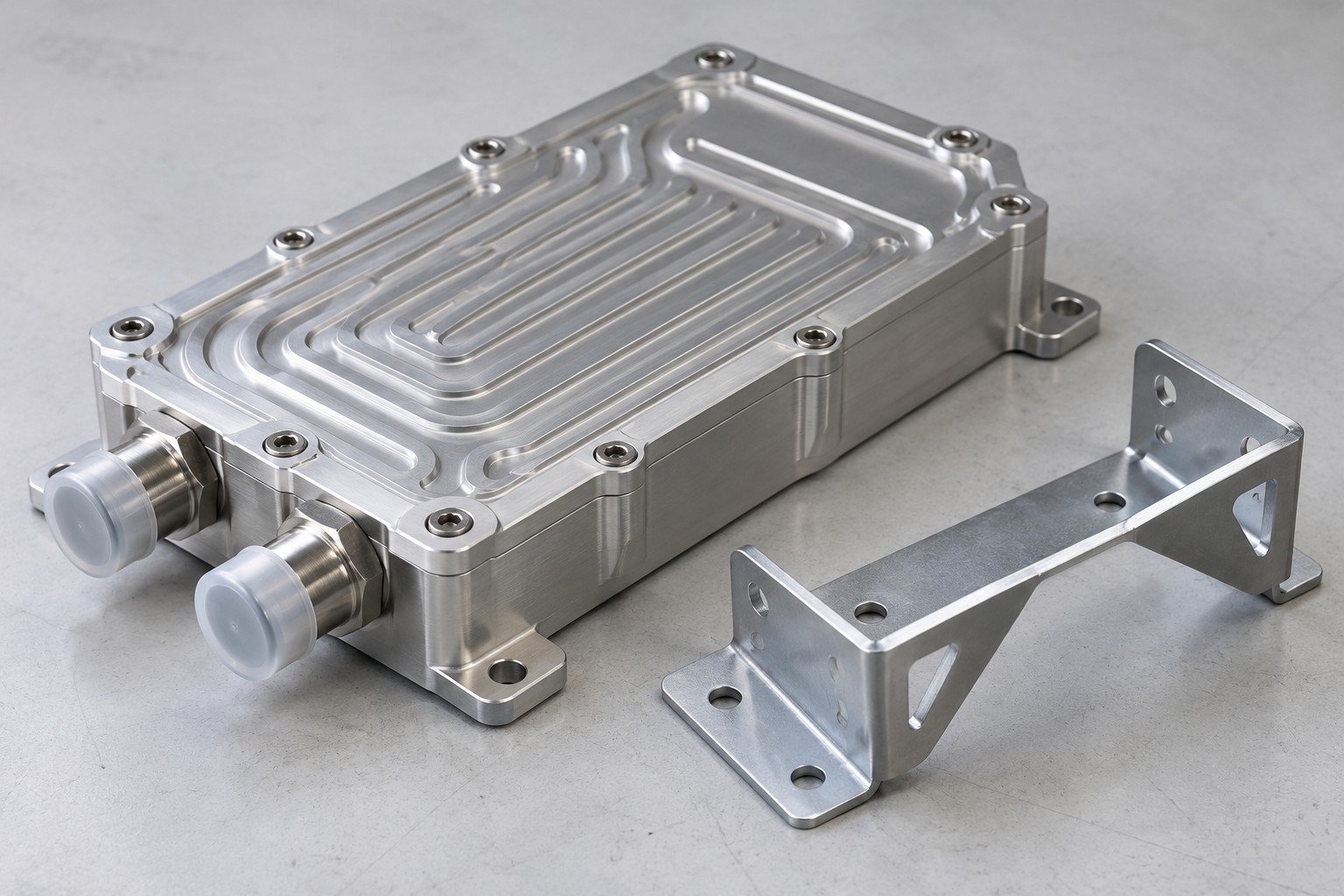 Capped cooling interface component beside detached support bracket;illustrative component concept,not actual company/customer parts or a test record