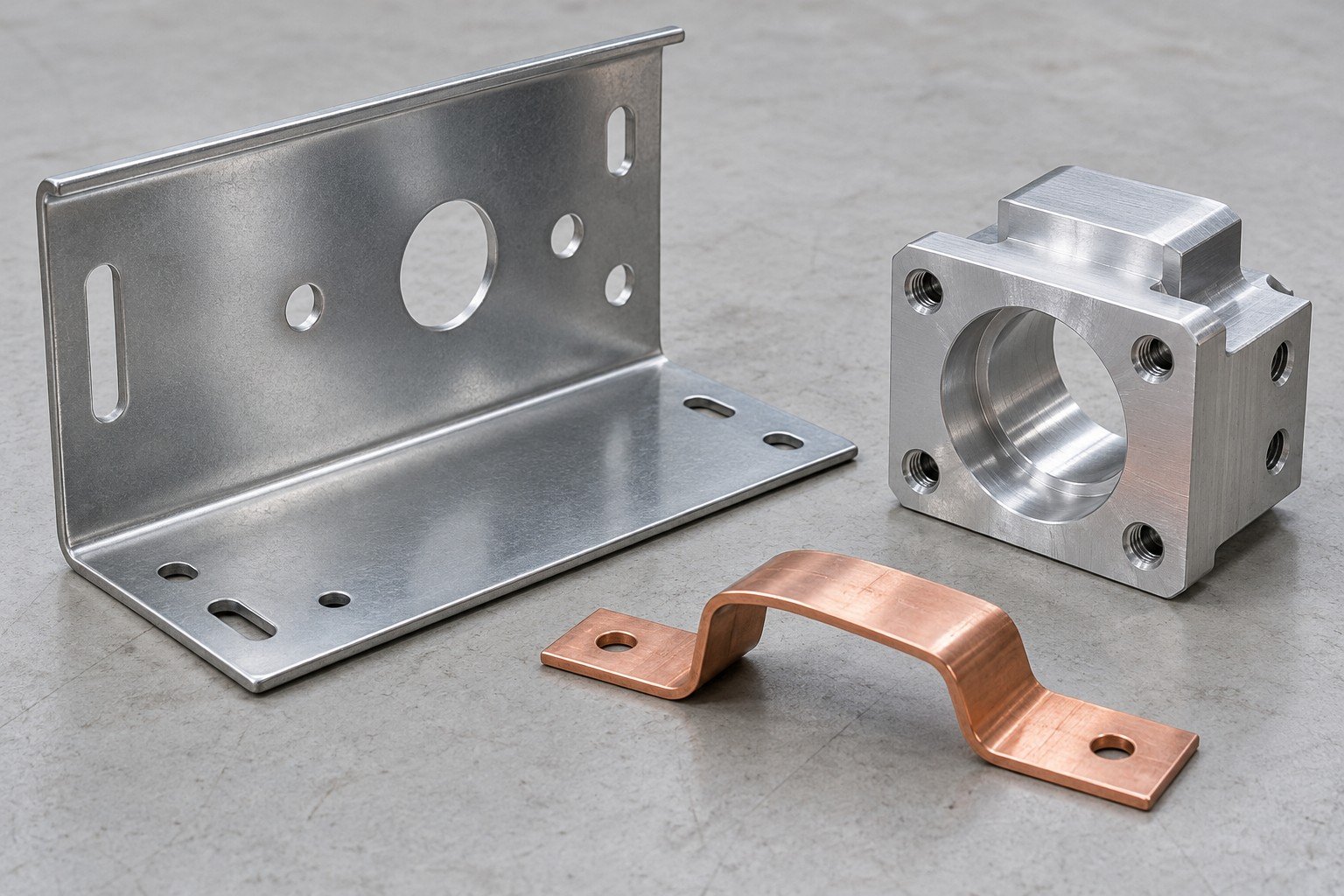Formed panel, machined mounting block and shaped copper strip;illustrative component concept,not actual company/customer parts or a test record