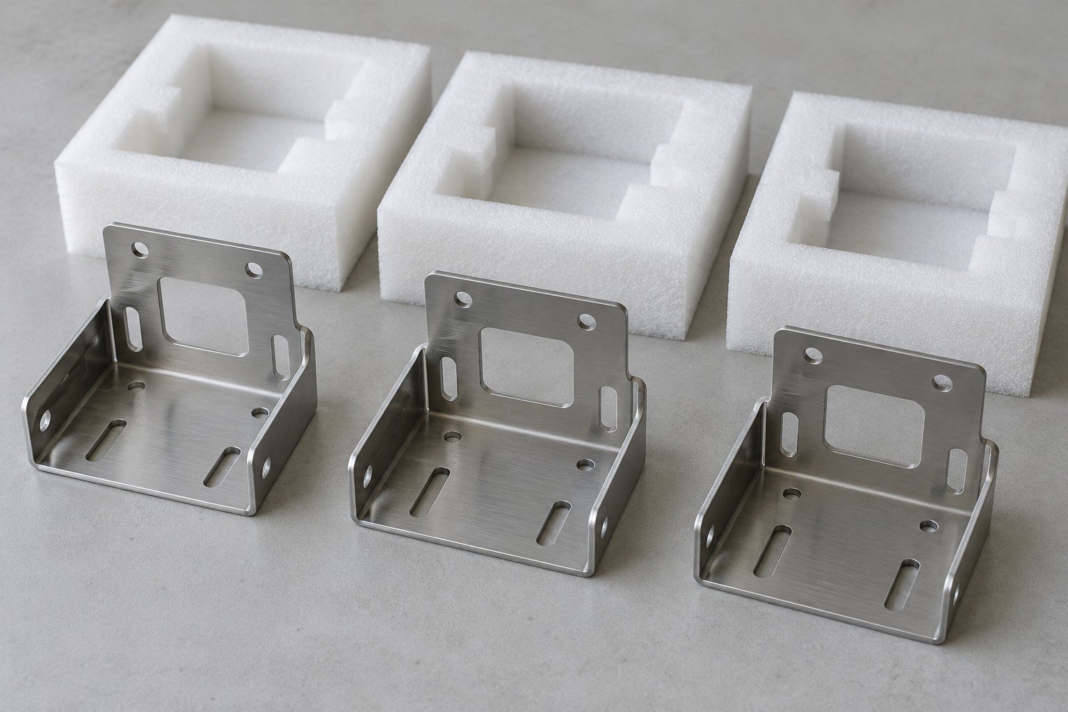 Three component brackets with individual protective foam inserts;illustrative component concept,not actual company/customer parts or a test record