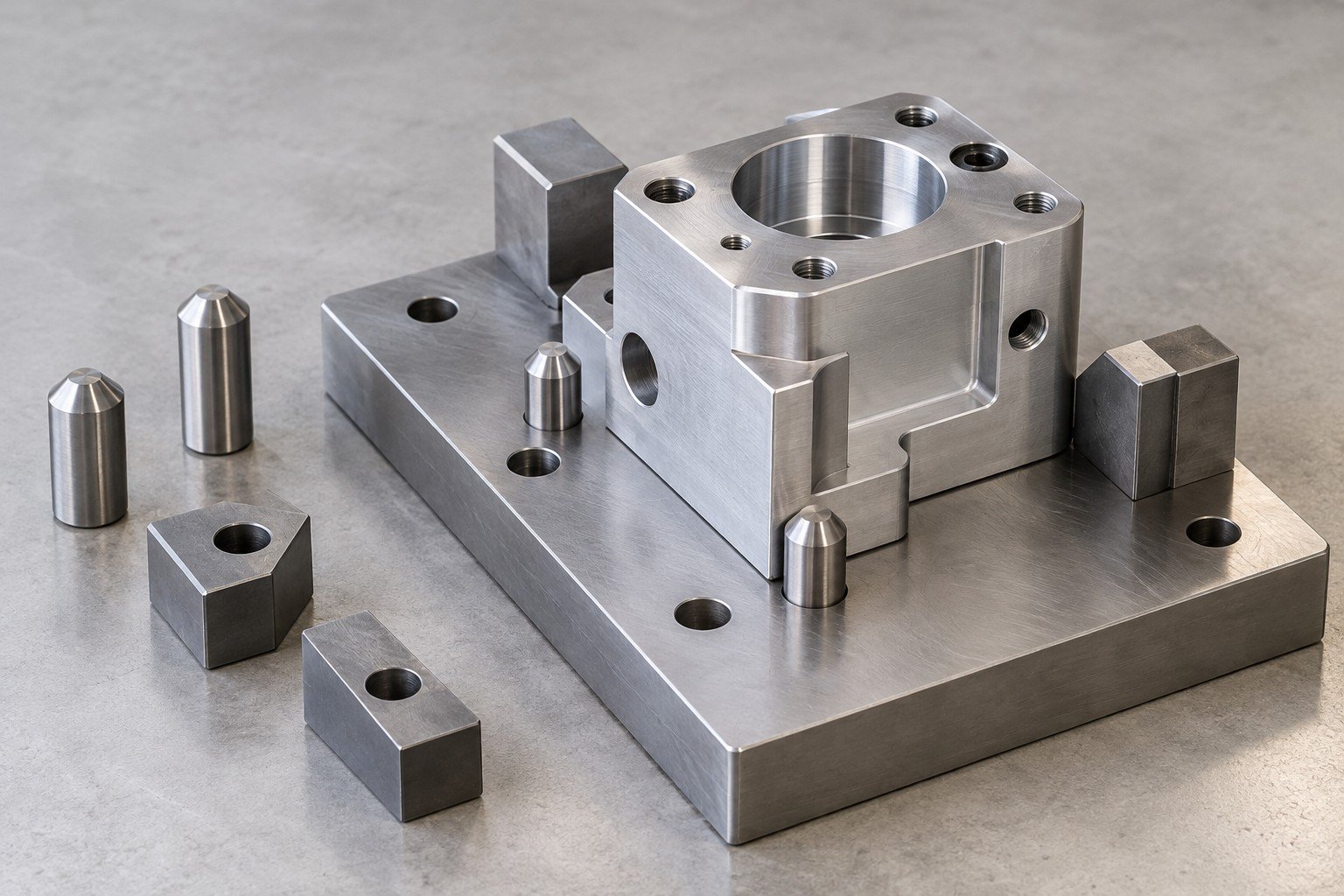 Prismatic workpiece and fixture plate with separate locating pins and stops;illustrative component concept,not actual company/customer product or equipment capability/measurement evidence