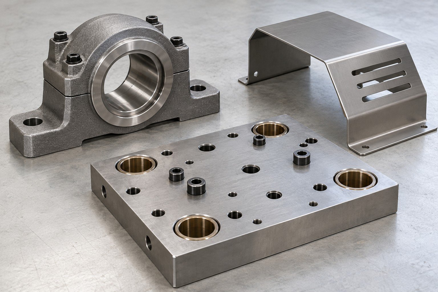 Bearing housing, tooling plate with bushings and formed equipment guard bracket;illustrative component concept,not actual company/customer product or equipment capability/measurement evidence