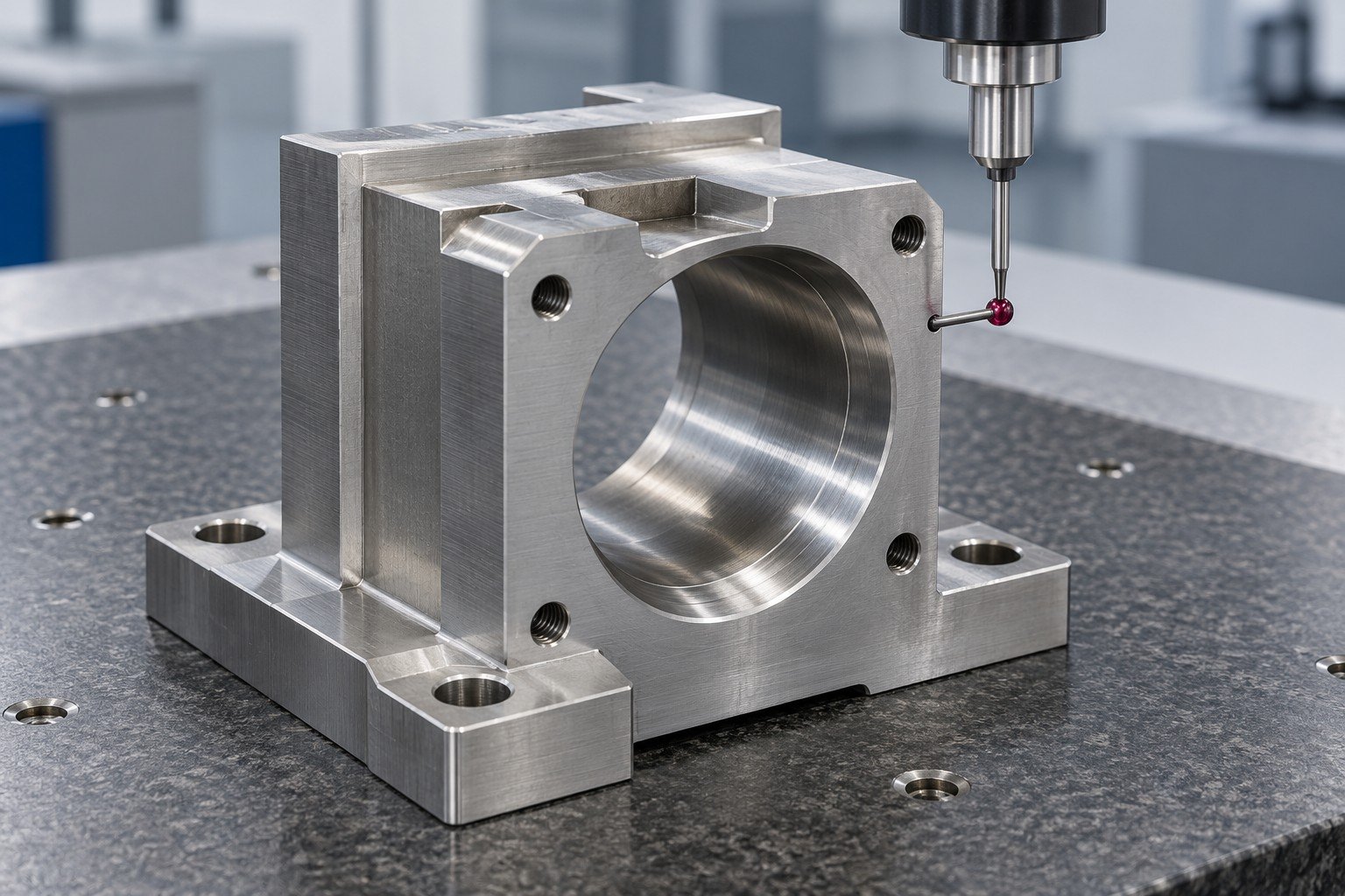 Bored industrial replacement mounting block with perpendicular machined faces approached by a CMM probe; illustrative component concept, not a customer part or documentary company test