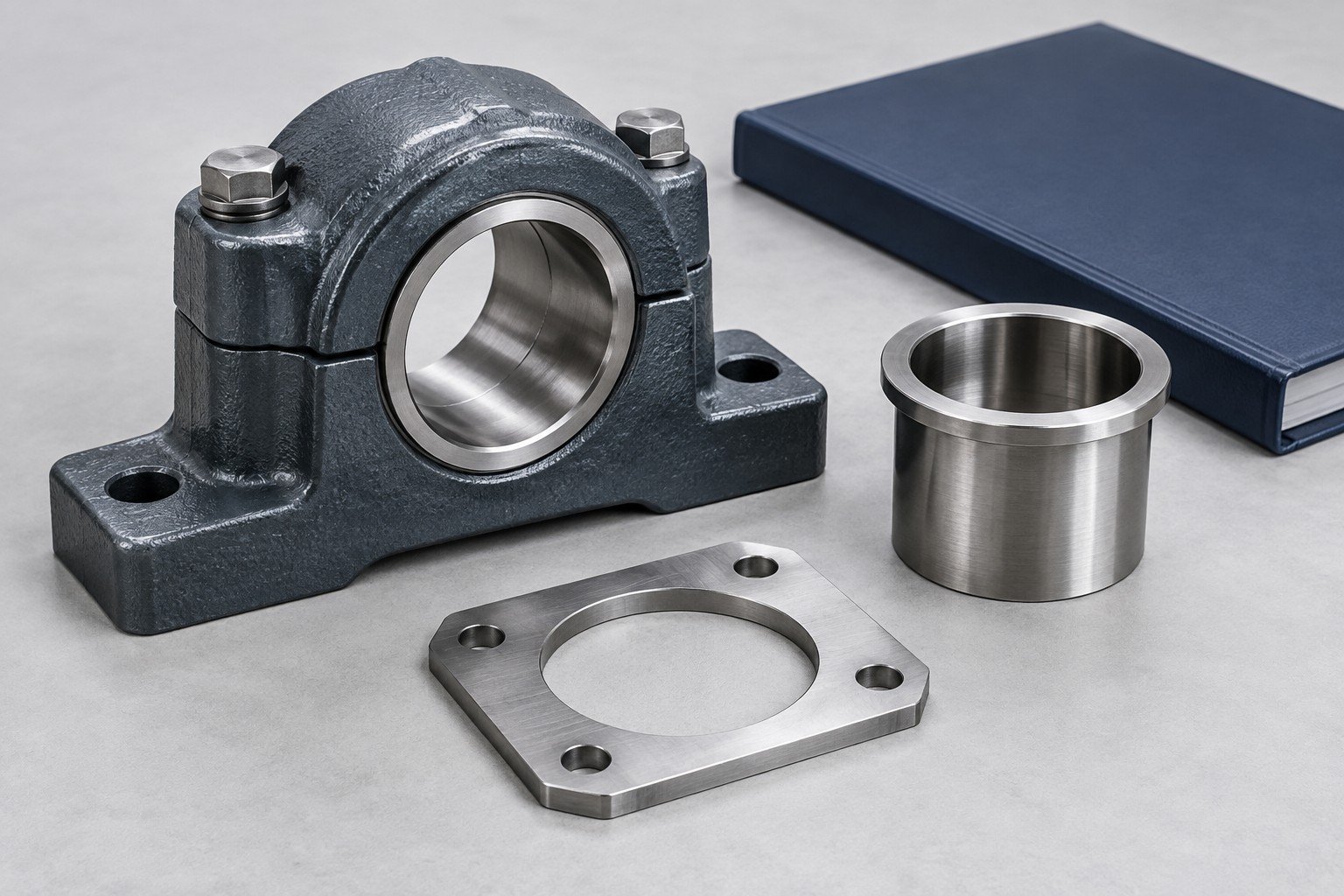 Bearing block, wear sleeve and locating plate beside plain folder;illustrative component concept,not actual company/customer product or equipment capability/measurement evidence