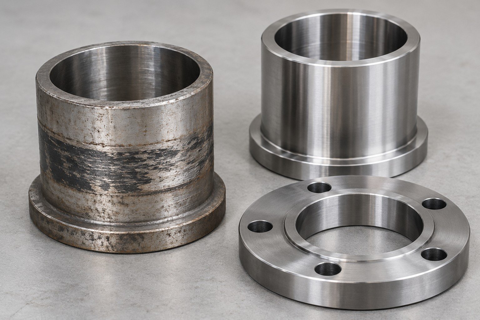 Worn sleeve, clean machined sleeve and separate mating flange;illustrative component concept,not actual company/customer product or equipment capability/measurement evidence