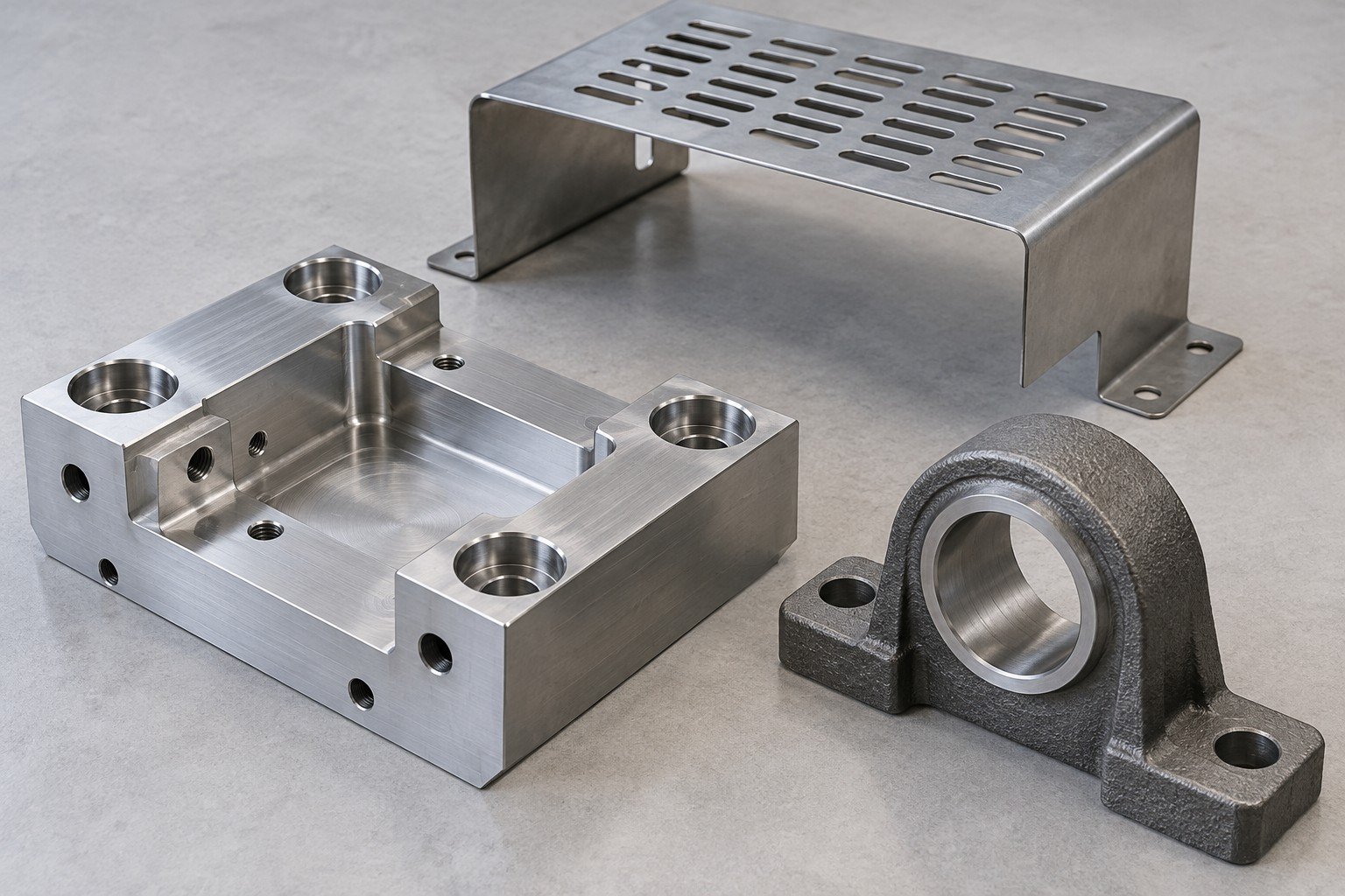 Mounting block, bent machine guard and cast-texture bearing housing;illustrative component concept,not actual company/customer product or equipment capability/measurement evidence