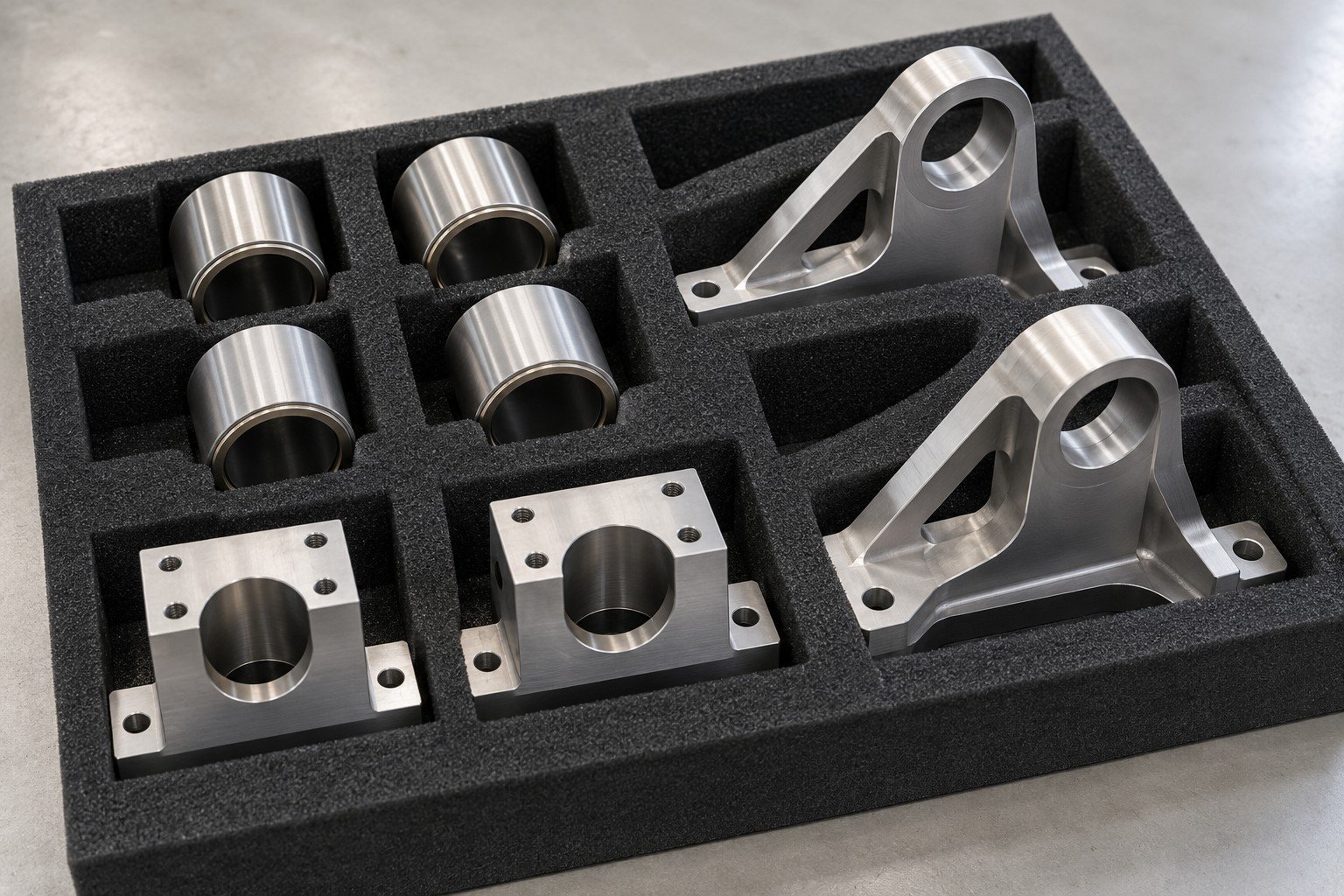 Sleeves, mounting blocks and supports in protective foam packaging;illustrative component concept,not actual company/customer product or equipment capability/measurement evidence