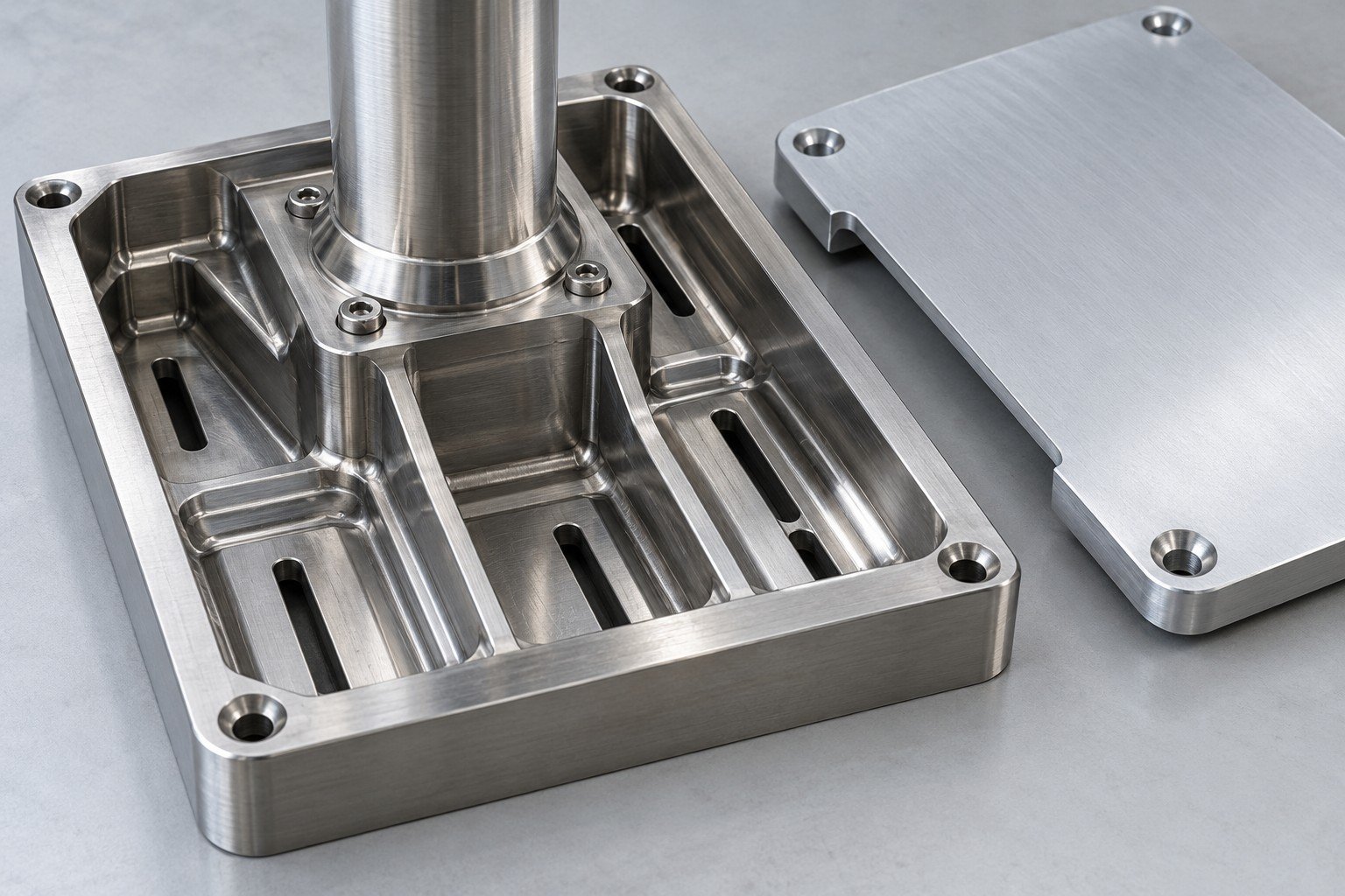 Equipment base with drainage channels and separate aluminum cover;illustrative component concept,not actual company/customer product or marine approval/corrosion-test evidence