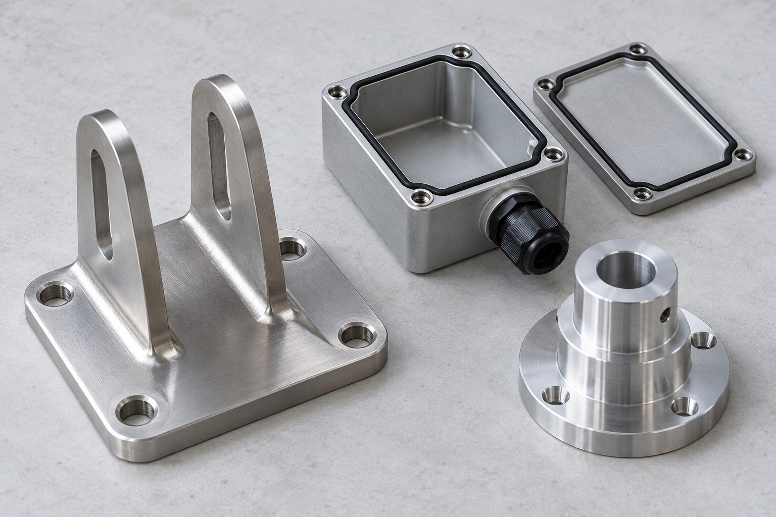 Slotted mounting bracket, empty gasketed cable-entry housing and turned support adapter;illustrative component concept,not actual company/customer product or marine approval/corrosion-test evidence