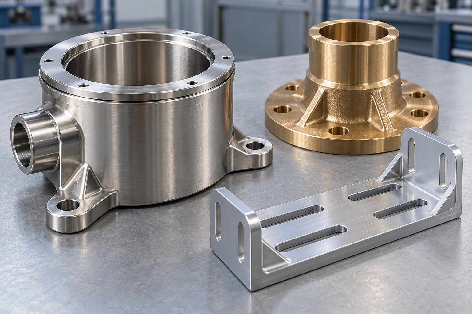 Distinct stainless marine instrument housing, bronze flange and slotted aluminum mounting support; illustrative component concept, not documentary company/customer photography or a test record