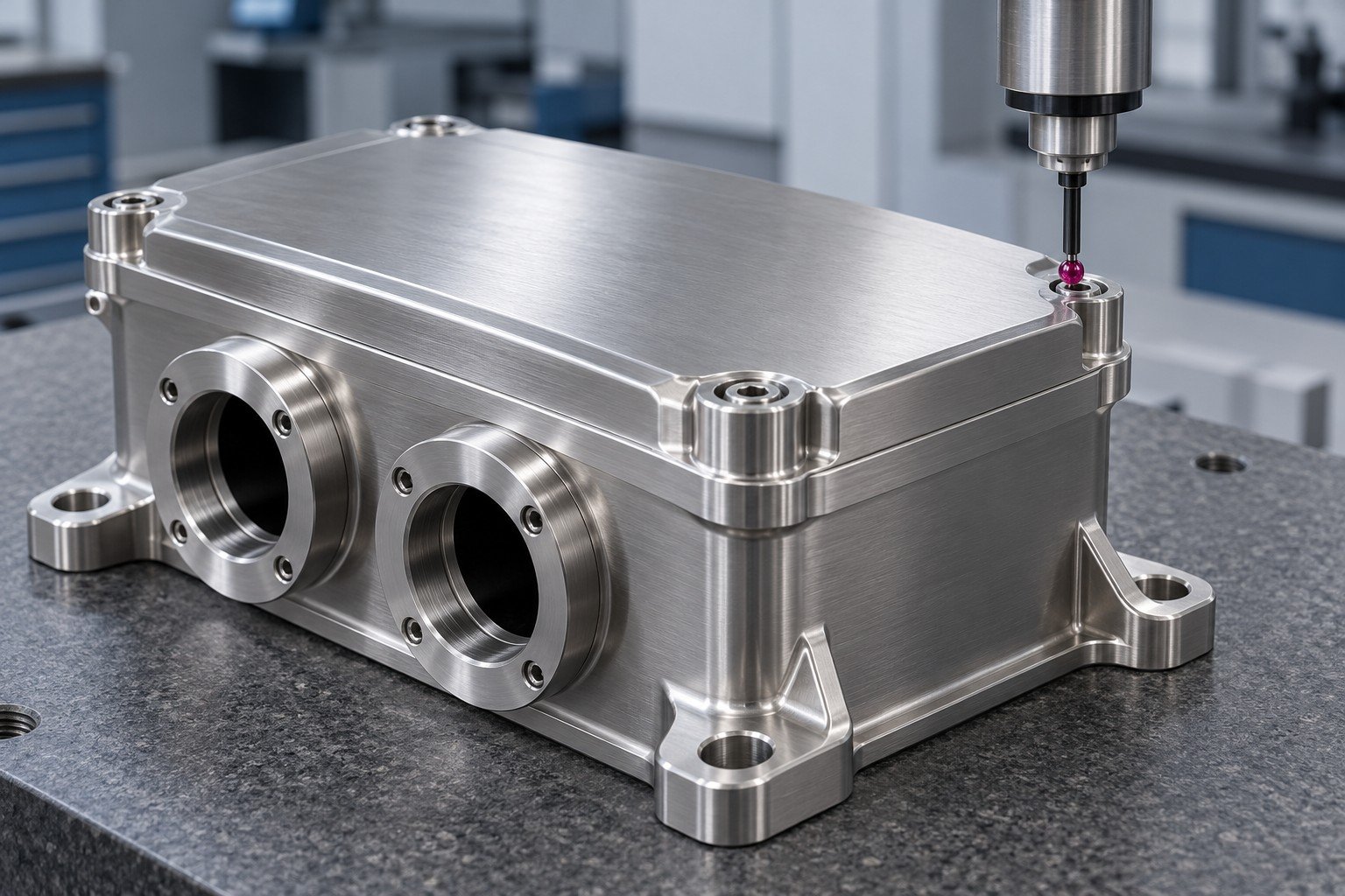 Marine instrument enclosure with mounting feet and cable openings approached by a CMM probe; illustrative component concept, not documentary company/customer photography or a test record