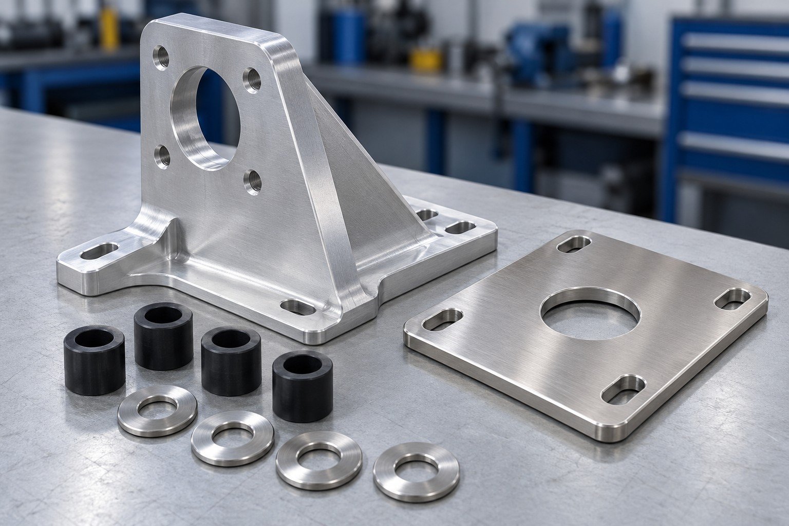 Separate aluminum mounting bracket, stainless plate, dark nonmetallic sleeves and loose washers; illustrative component concept, not documentary company/customer photography or a test record
