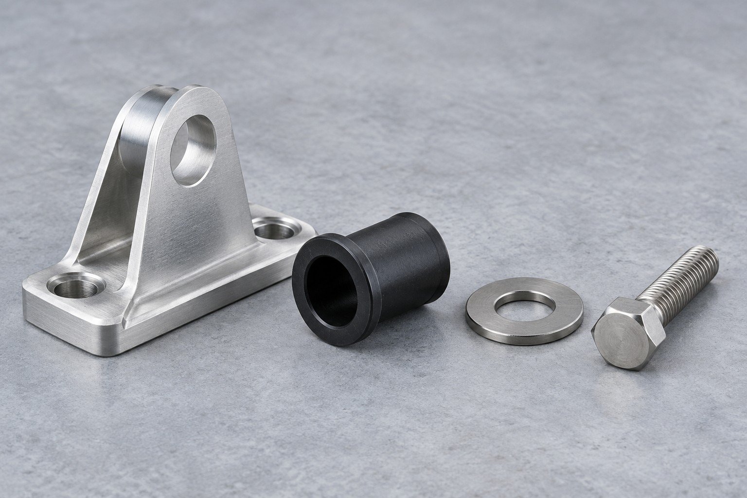 Separate mounting bracket, polymer isolation sleeve, flat washer and stainless fastener;illustrative component concept,not actual company/customer product or marine approval/corrosion-test evidence