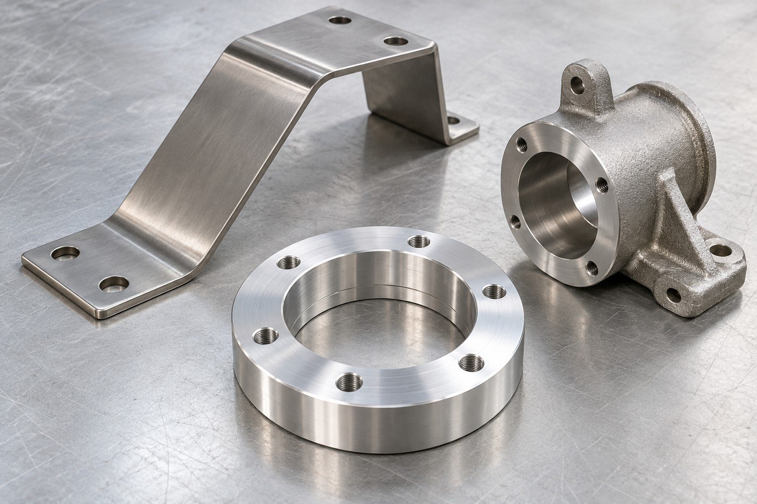 Formed support, machined ring and cast-texture housing with finished face;illustrative component concept,not actual company/customer product or marine approval/corrosion-test evidence