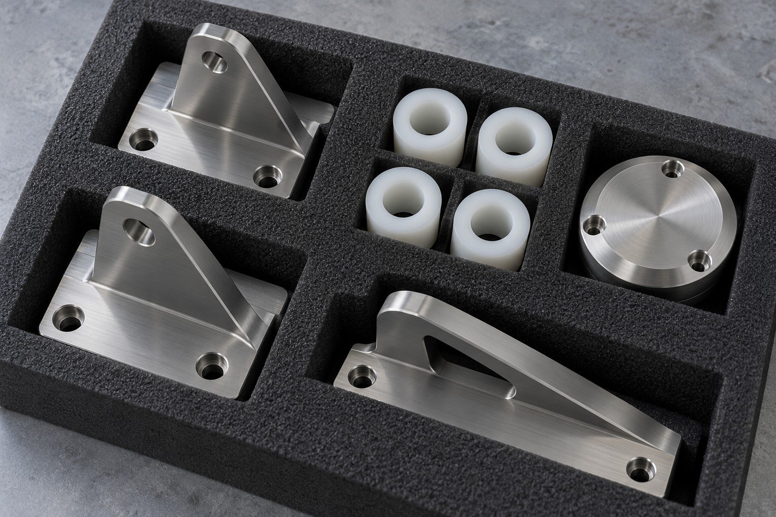 Mounting brackets, polymer spacers and machined cover separately secured in foam;illustrative component concept,not actual company/customer product or marine approval/corrosion-test evidence