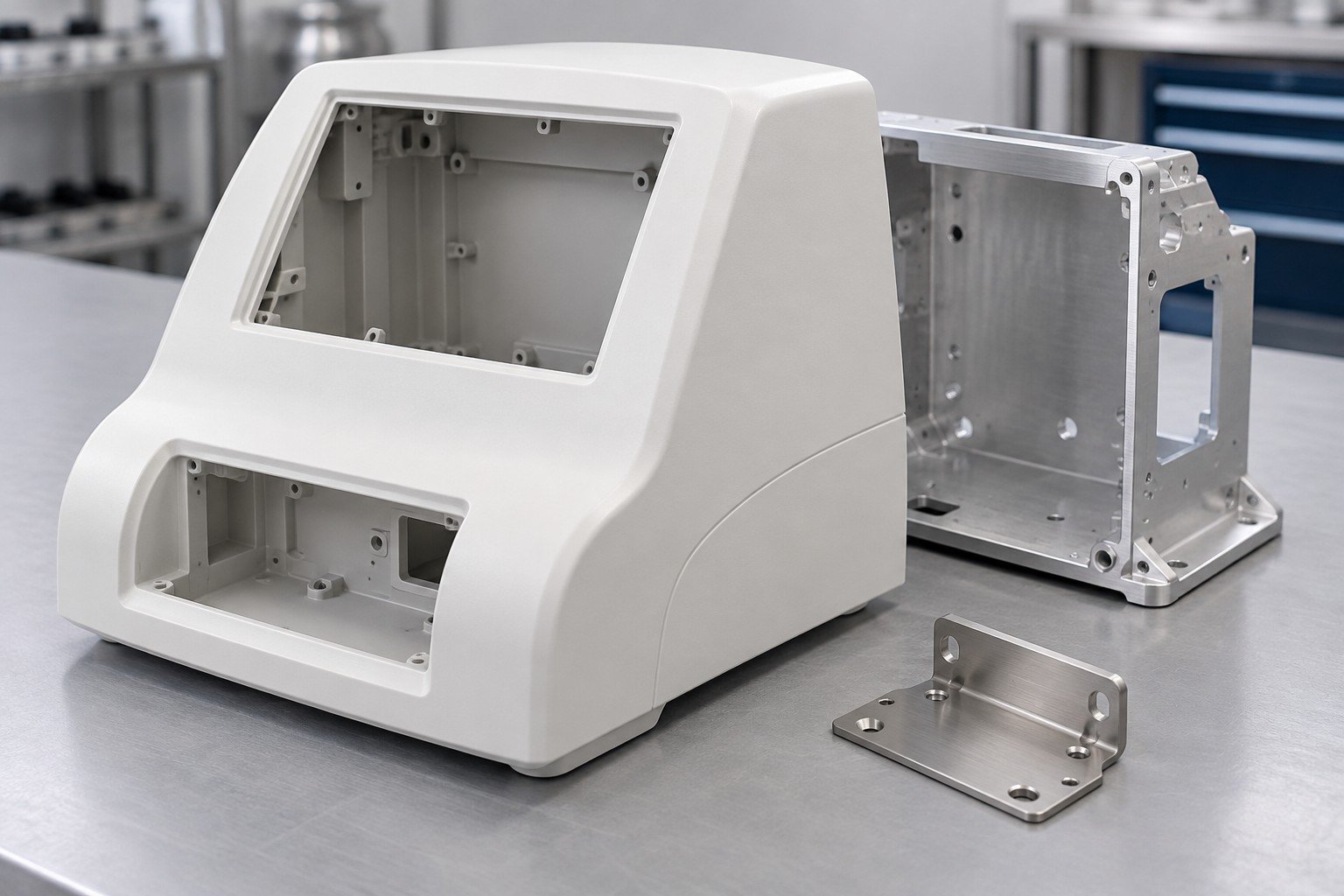 Empty off-white equipment enclosure shell, separate aluminum internal frame and stainless mounting bracket; illustrative component concept, not documentary company/customer photography or a test record