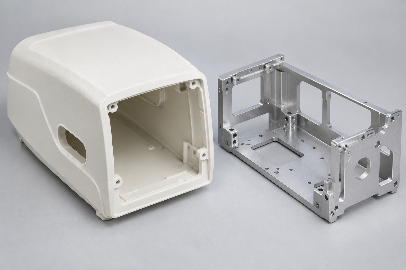 Empty off-white equipment cover beside separate aluminum internal frame;illustrative equipment component concept,not actual company/customer part or a medical approval/test record