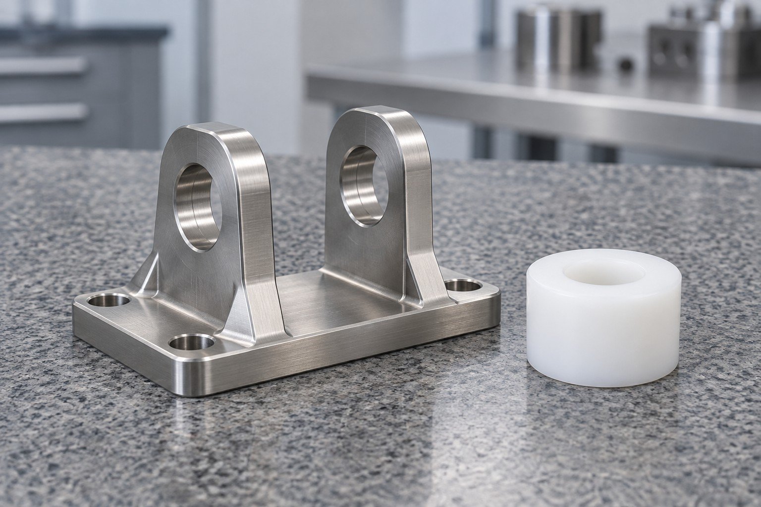 Stainless equipment mounting support with two upright bored ears and a separate white polymer spacer on granite;no measuring instrument or test record; illustrative component concept, not documentary company/customer photography or a test record