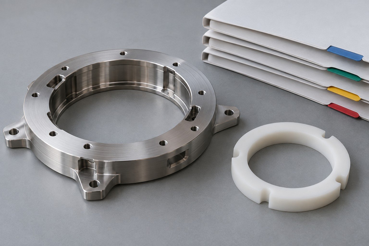 Stainless mounting ring and polymer spacer beside four plain folders;illustrative equipment component concept,not actual company/customer part or a medical approval/test record