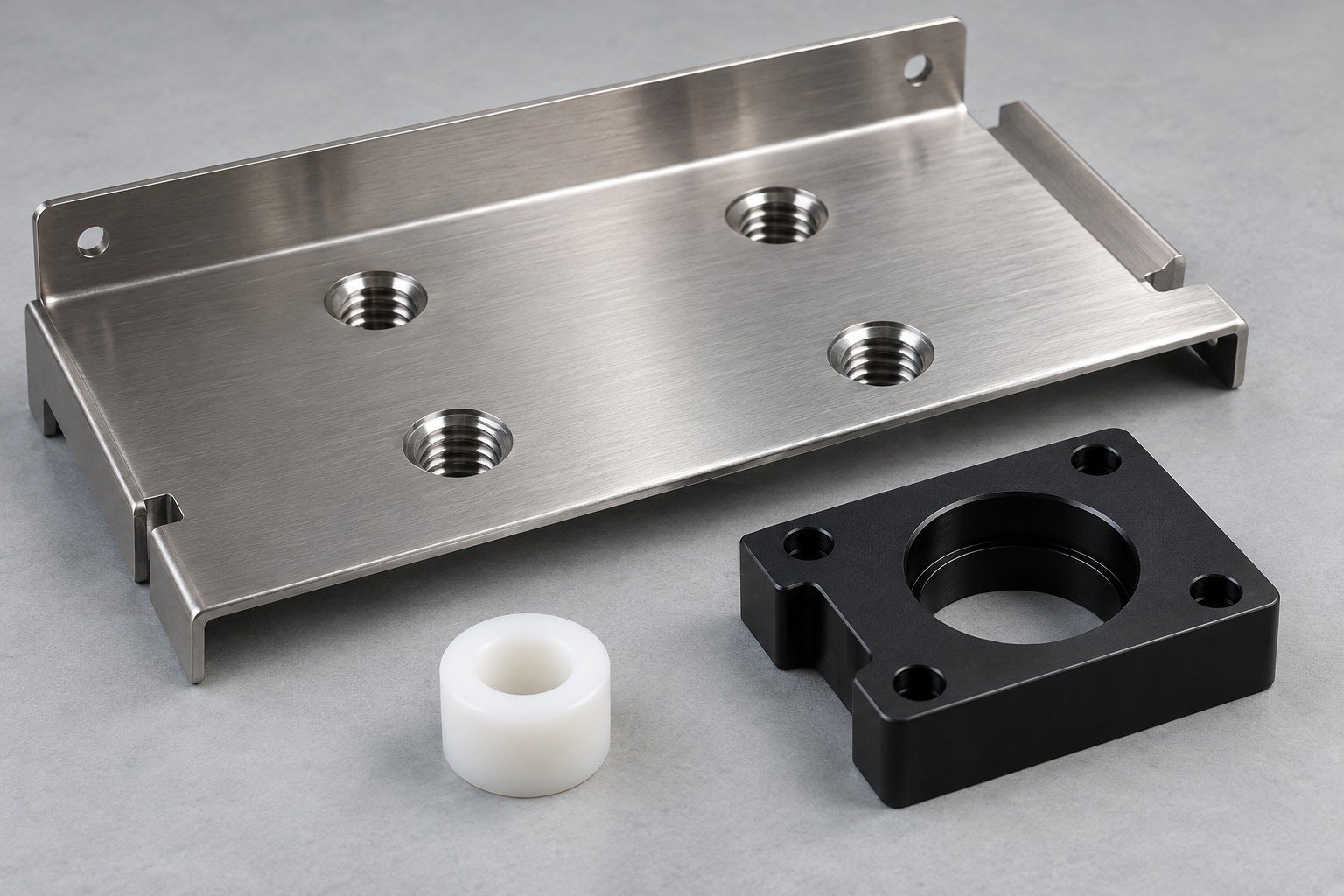 Threaded equipment panel, black mounting block and white polymer spacer;illustrative equipment component concept,not actual company/customer part or a medical approval/test record